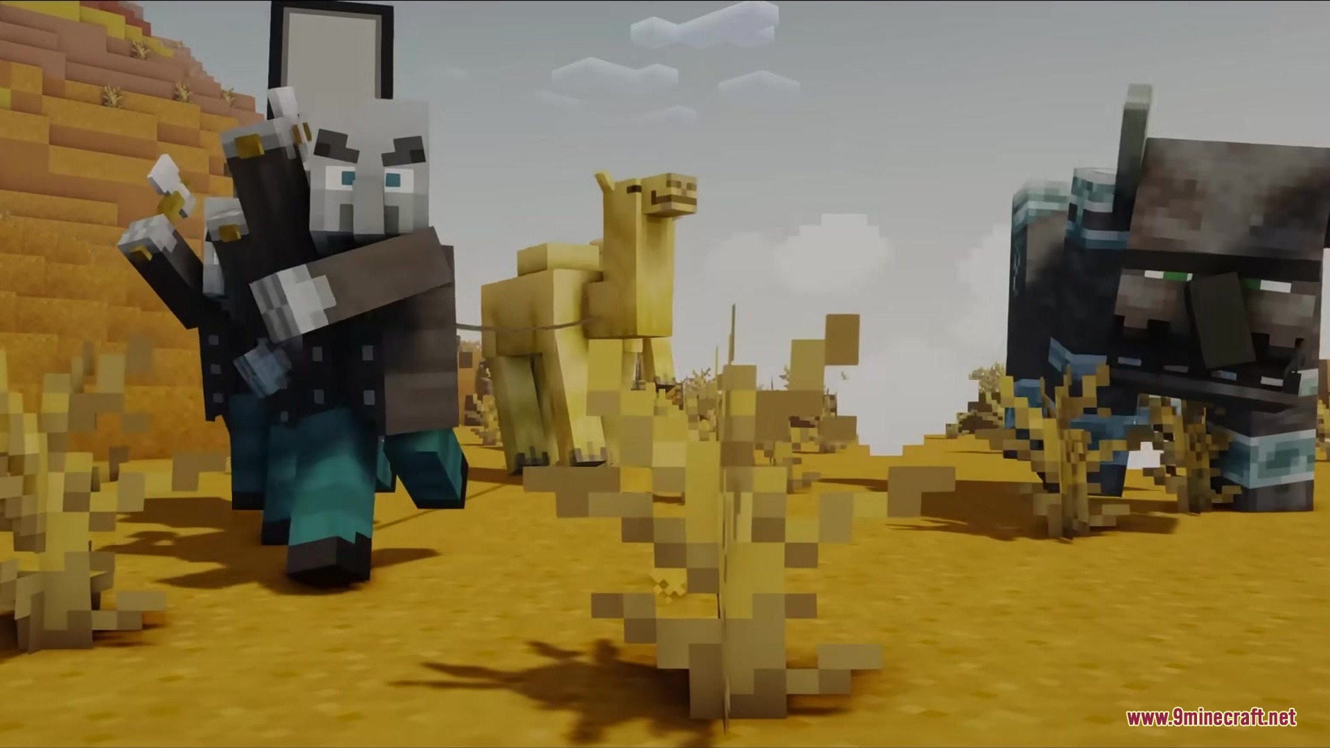 Ptp Mod Screenshot 9 A Vindicator leads a camel across a desert with a Ravager nearby