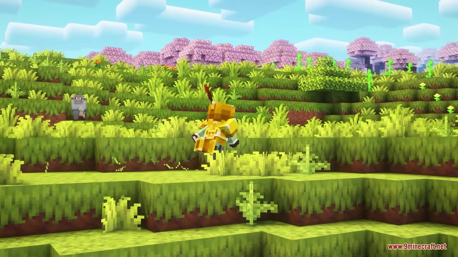 Punchy FPA Mod Screenshot 1 Character in golden armor runs through a vibrant grassy field