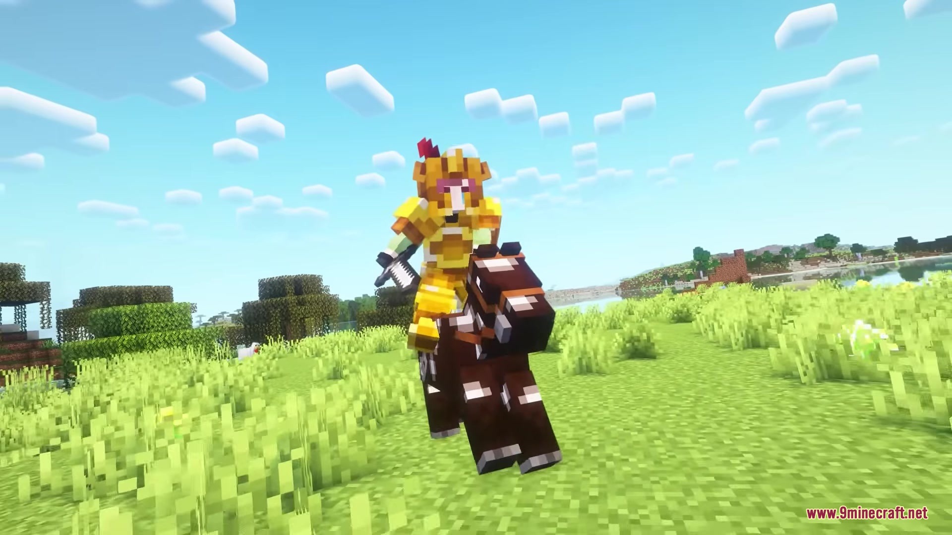 Punchy FPA Mod Screenshot 2 Golden armored character rides a brown horse across a sunny plain