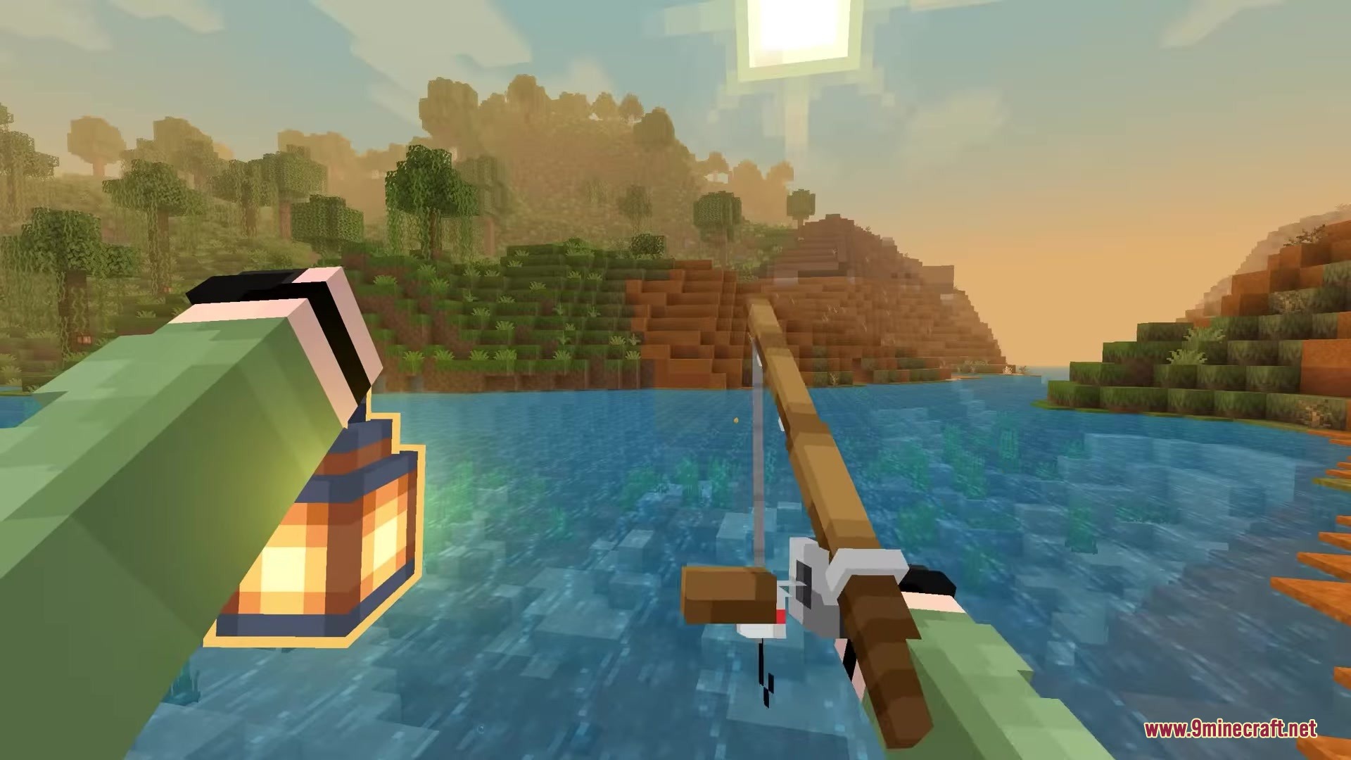 Punchy FPA Mod Screenshot 3 Visible hands holding a lantern and fishing rod in first person view