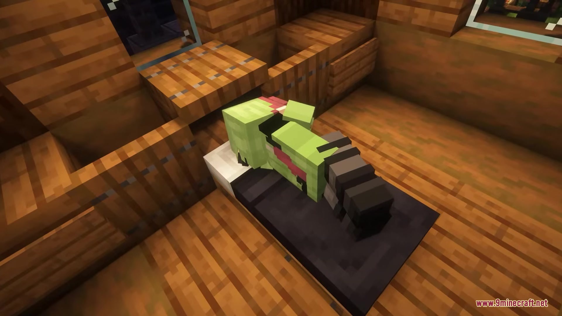 Punchy FPA Mod Screenshot 4 Player character resting on a bed inside a simple wooden house