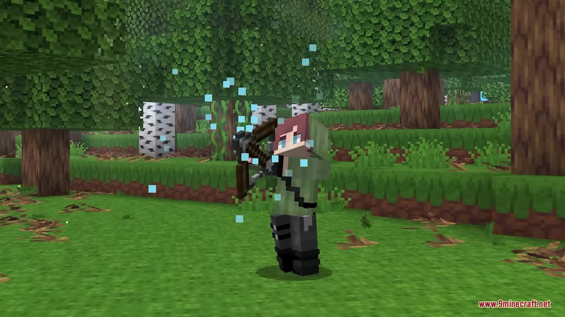 Punchy FPA Mod Screenshot 6 Minecraft character holding a crossbow surrounded by glowing blue particle effects