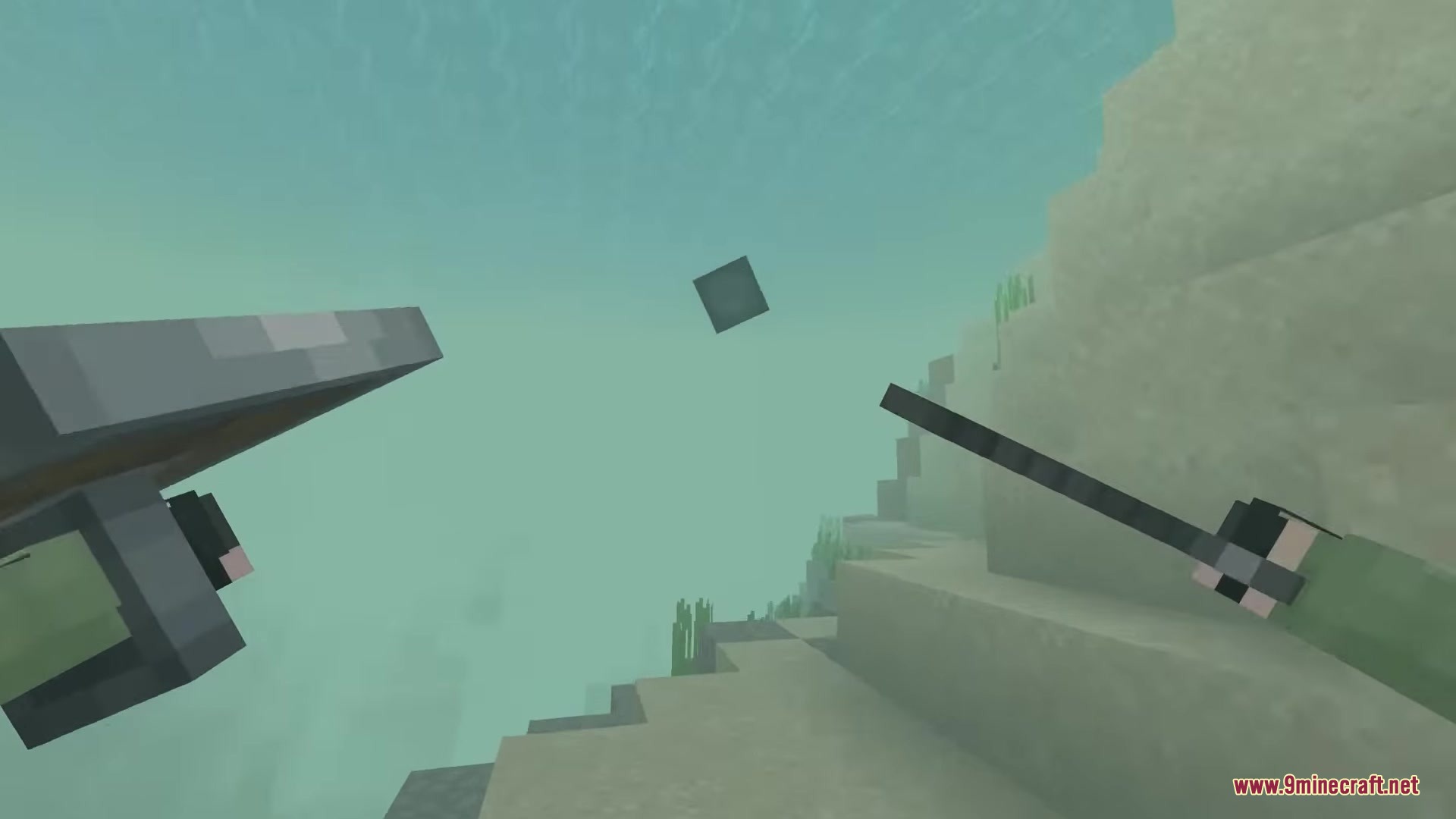 Punchy FPA Mod Screenshot 8 Player holding a sword and shield underwater with visible hands and arms