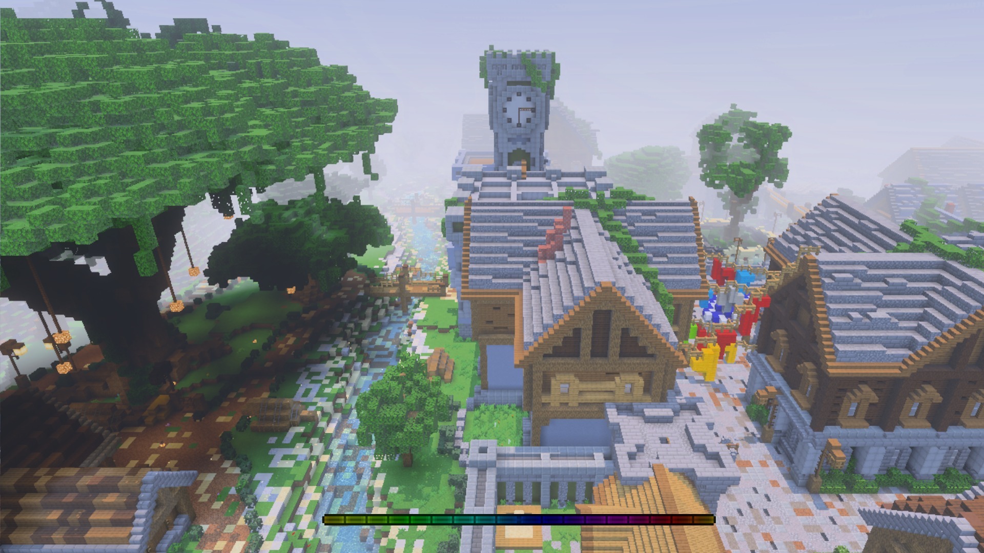 RGB XP Bar Texture Pack showing a rainbow experience bar in a village