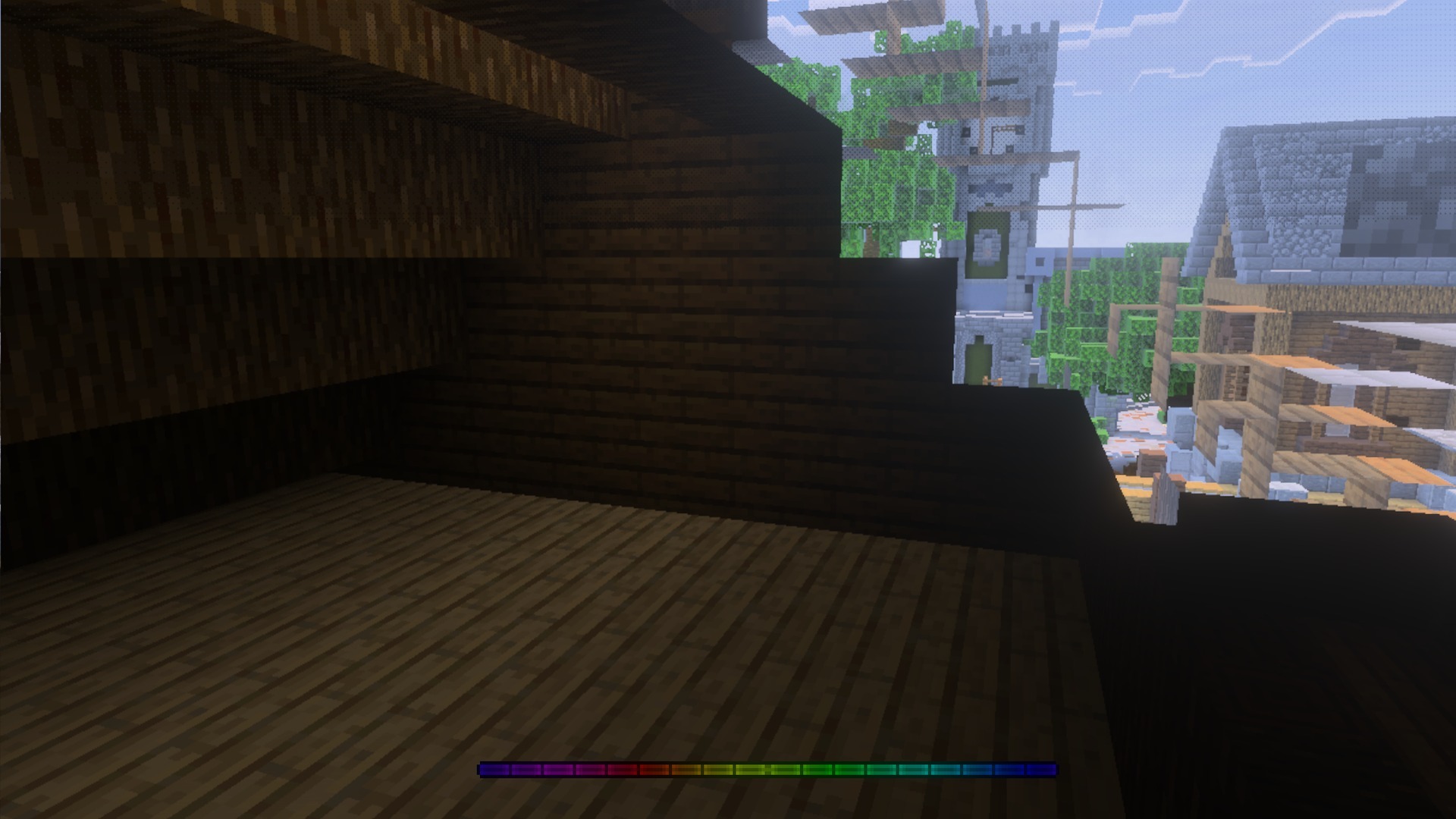 First person view from a building showing the rainbow experience bar animation