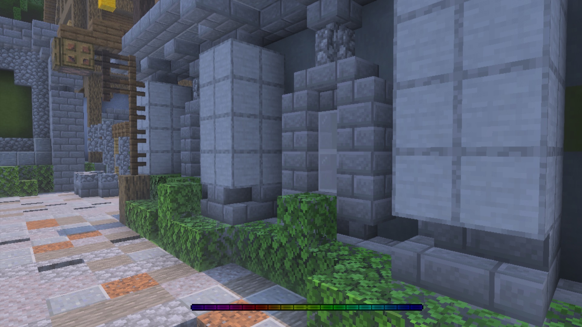 Close up of stone pillars and leaves showing the RGB XP Bar