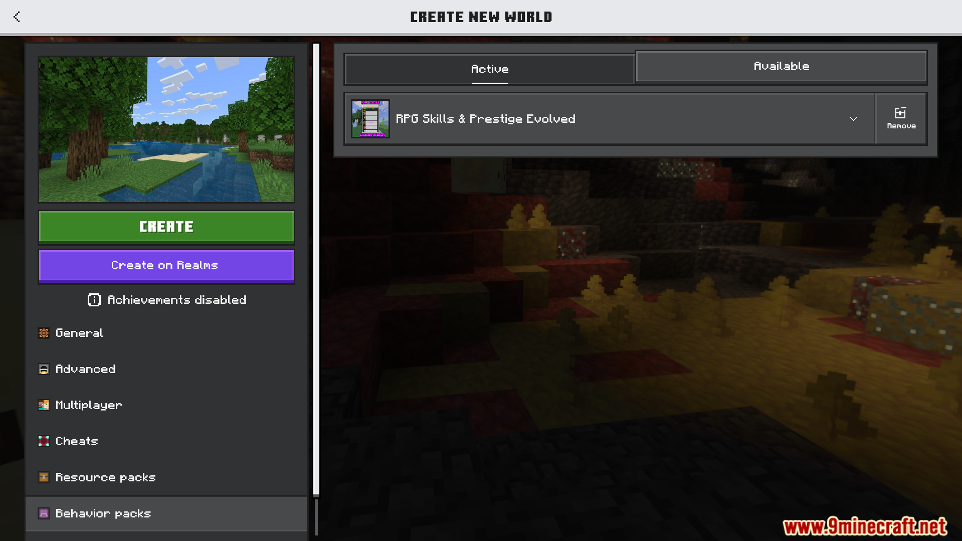 RPG Skills and Prestige Evolved Addon Screenshot 1 Minecraft world creation menu showing the active RPG Skills and Prestige Evolved addon
