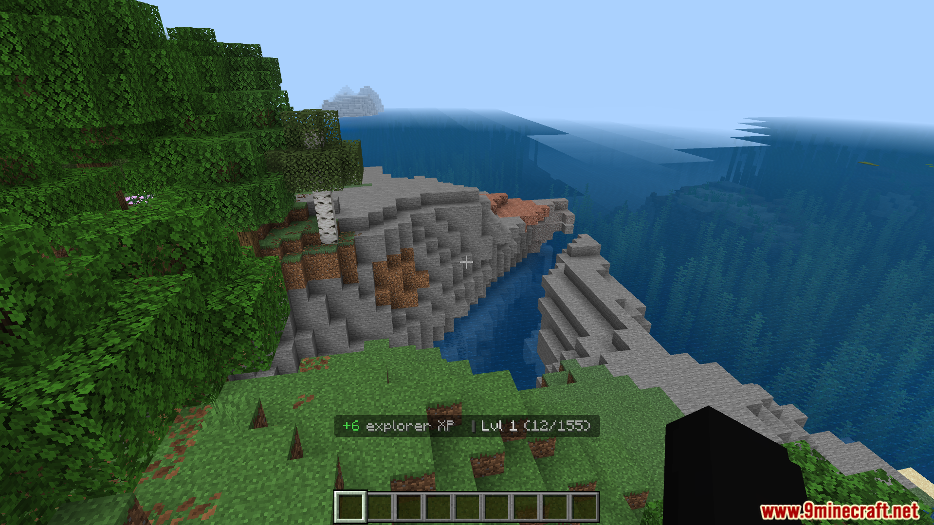 RPG Skills and Prestige Evolved Addon Screenshot 2 Player gaining explorer experience points while traveling through a coastal Minecraft biome