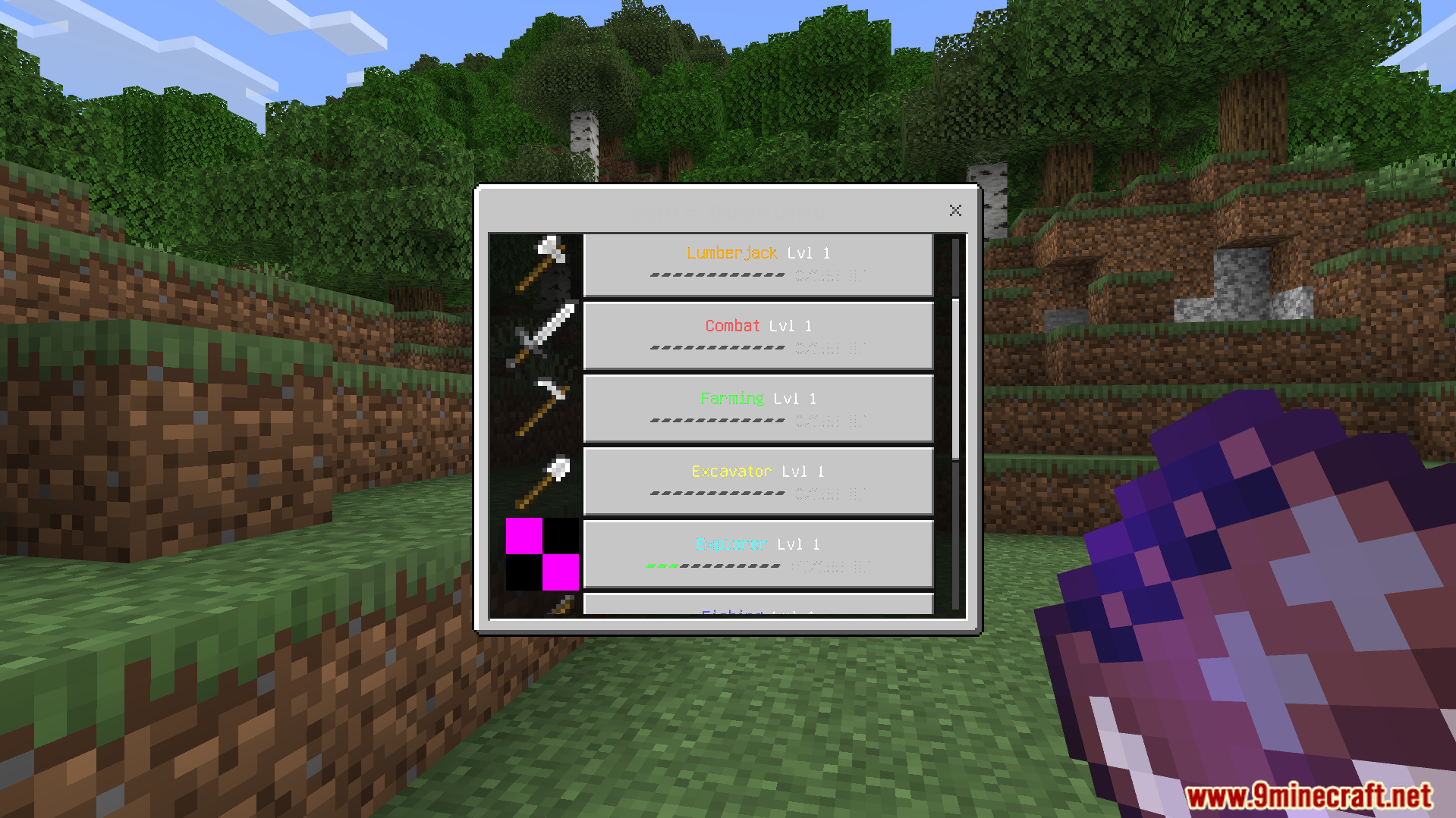 RPG Skills and Prestige Evolved Addon Screenshot 4 Skill list menu showing experience progress for lumberjack combat and farming branches