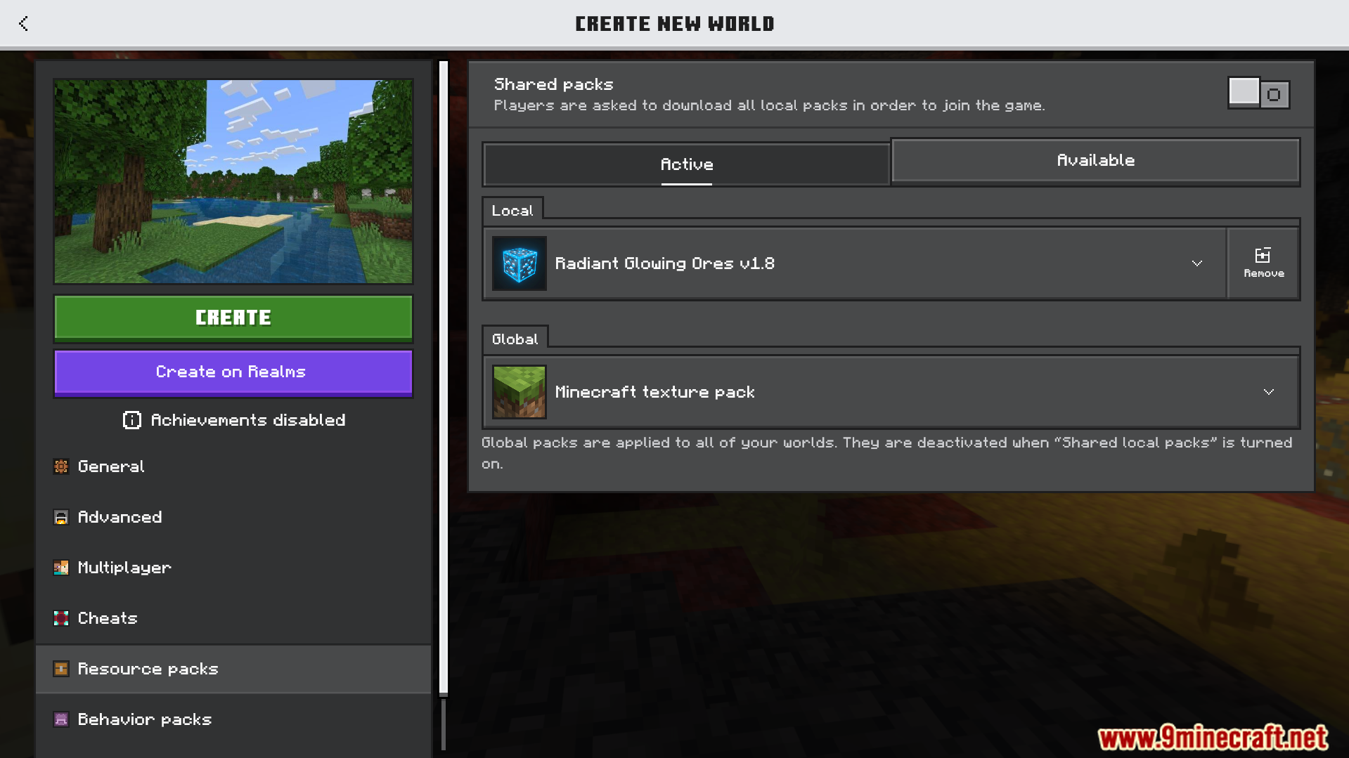 Minecraft resource pack menu showing Radiant Glowing Ores addon activated for world creation