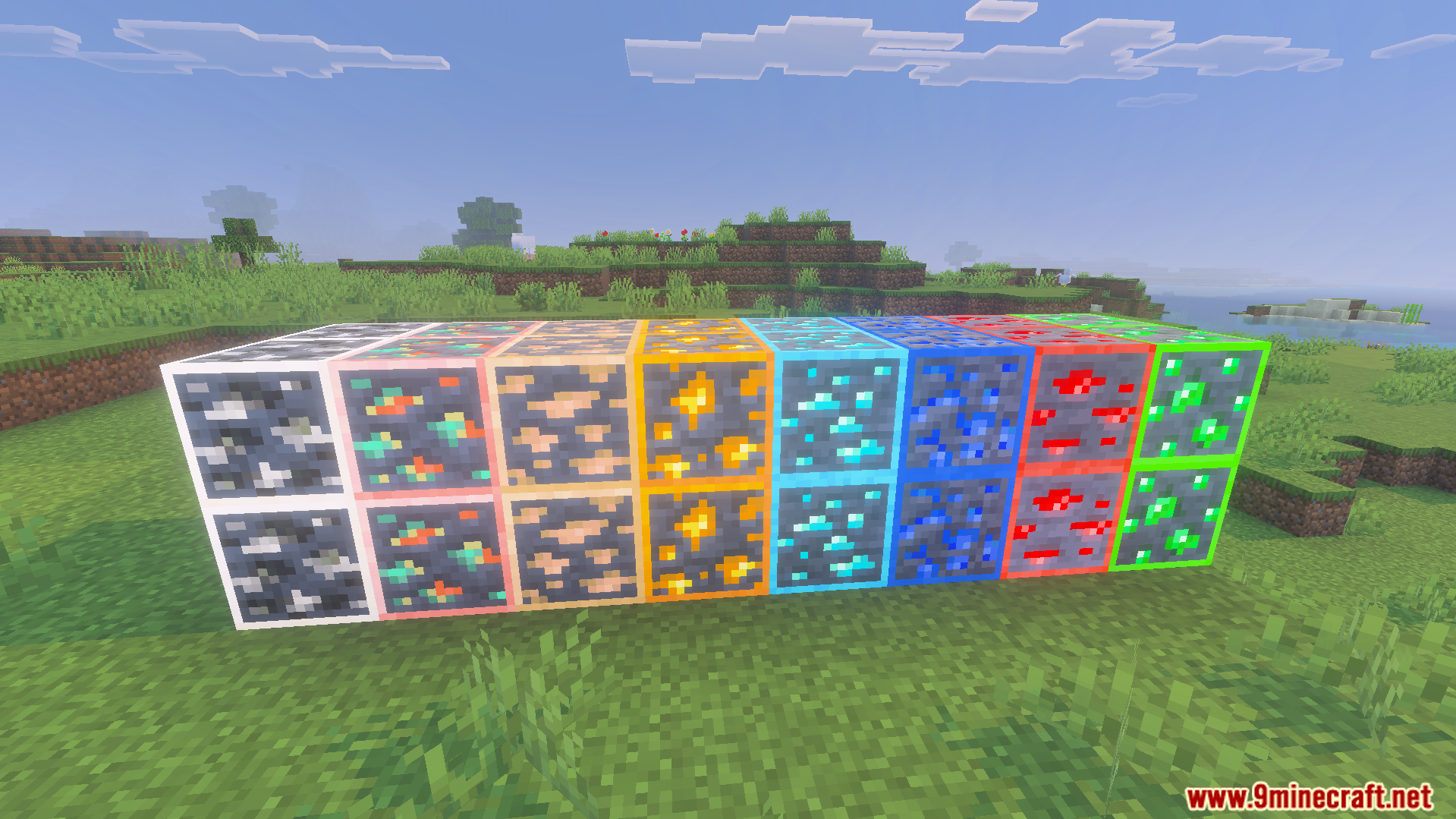 Various Minecraft ore blocks with bright glowing borders and colorful illuminated textures