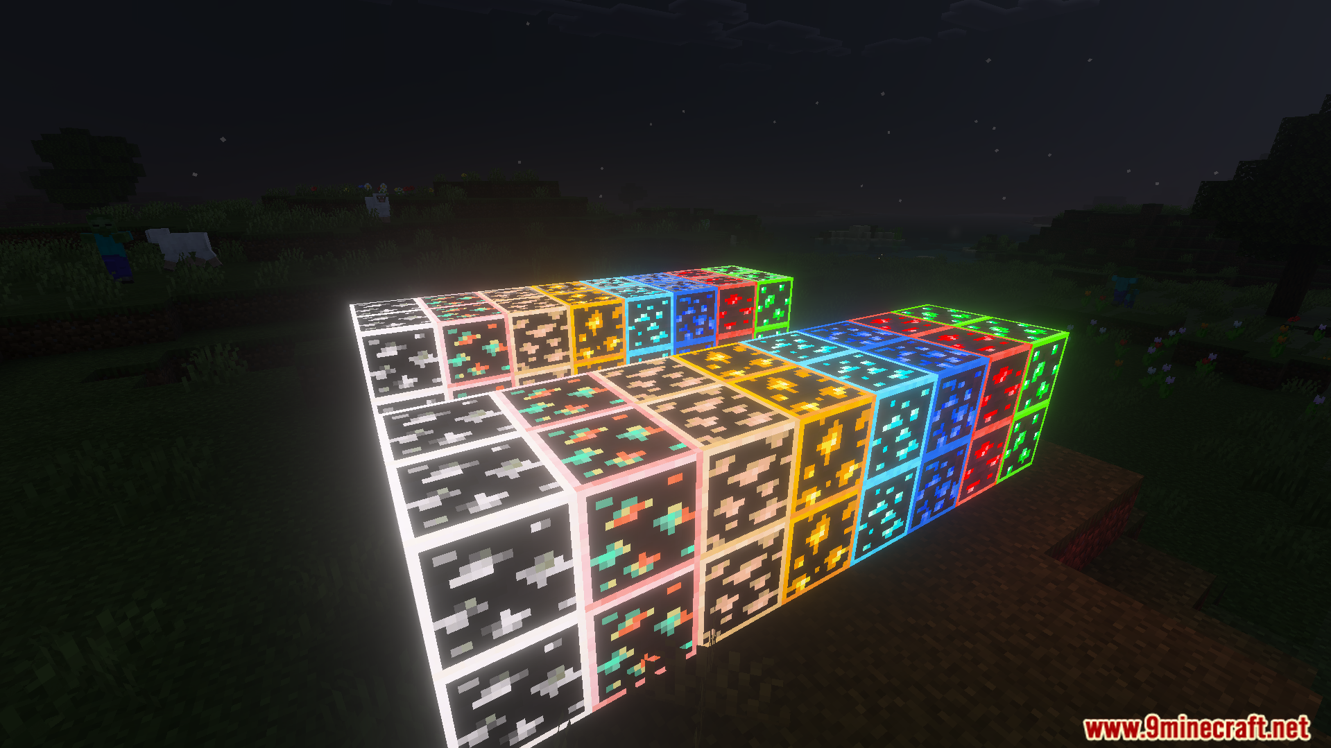 Radiant Glowing Ores Texture Pack displays colorful ore blocks in the dark