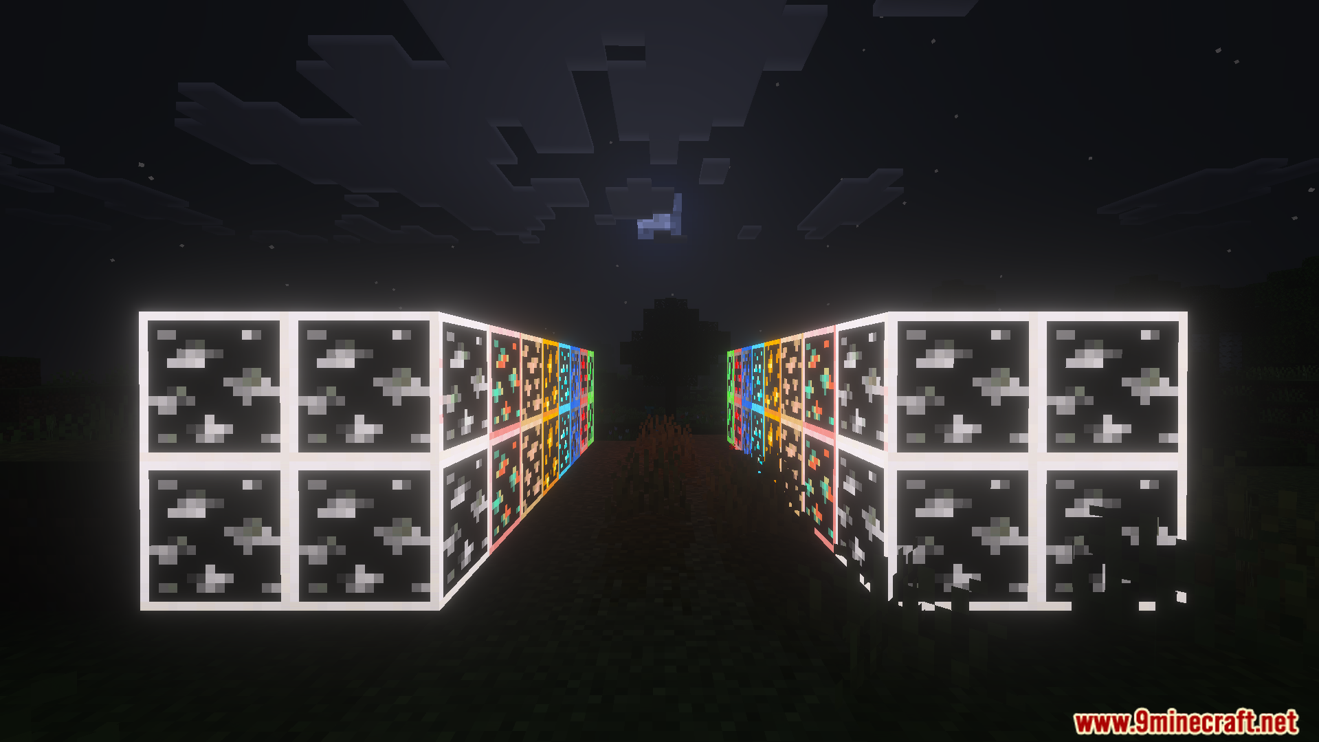 Glowing coal ore blocks with white outlines standing in a dark landscape