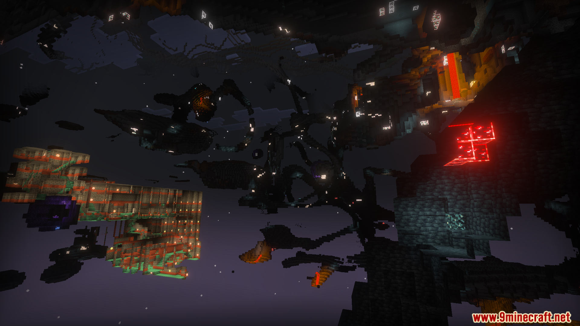Radiant Glowing Ores Texture Pack highlights various mineral veins throughout a dark environment
