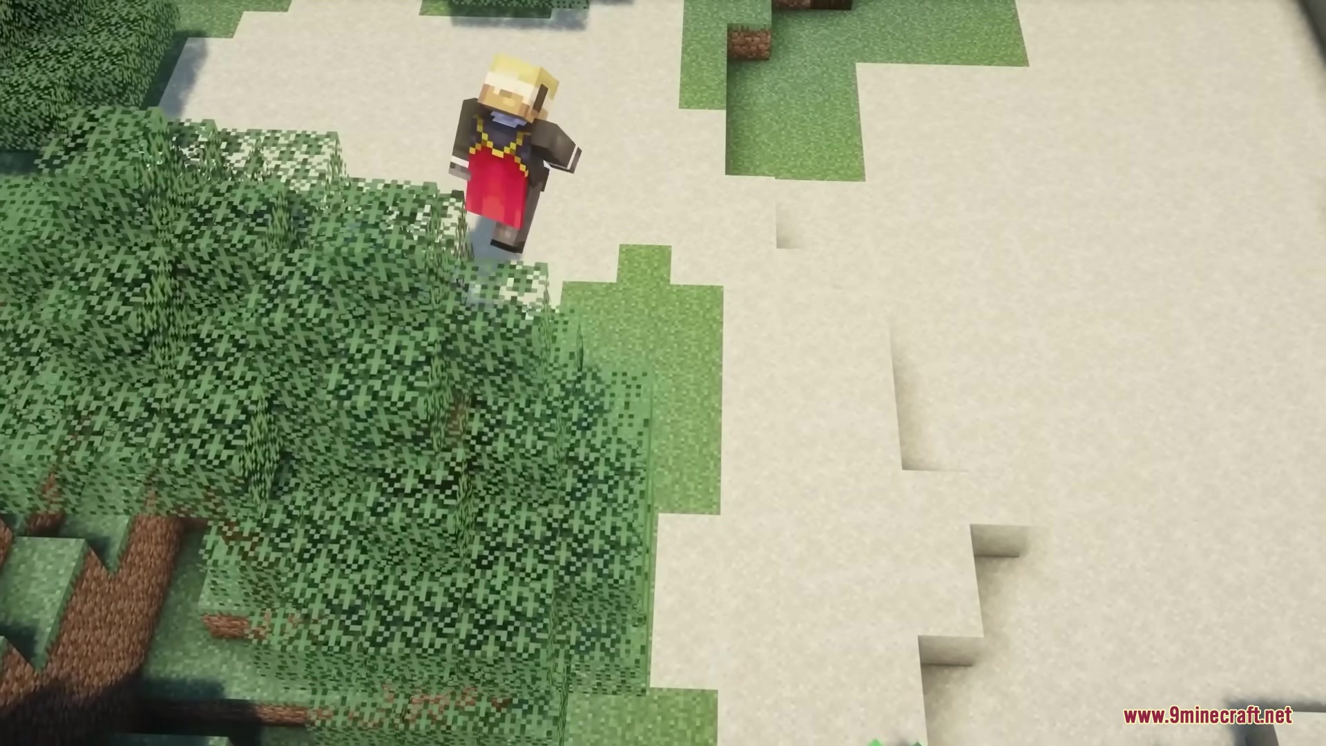 A Minecraft player character flops onto the ground near some green bushes