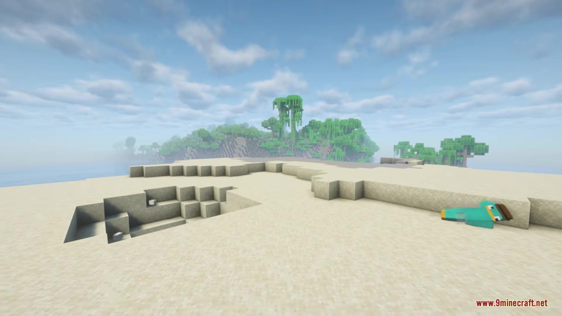 A player character lying flat on the sand after falling over