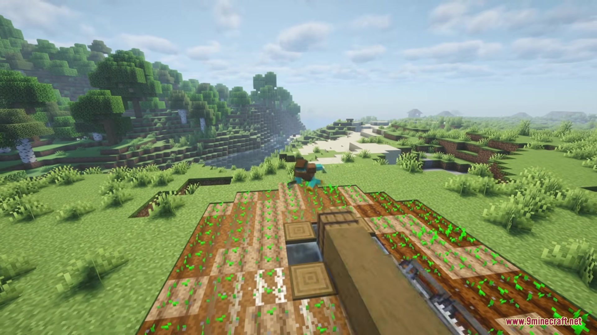 A player character tumbles across a farm field with Ragdoll Reactions physics