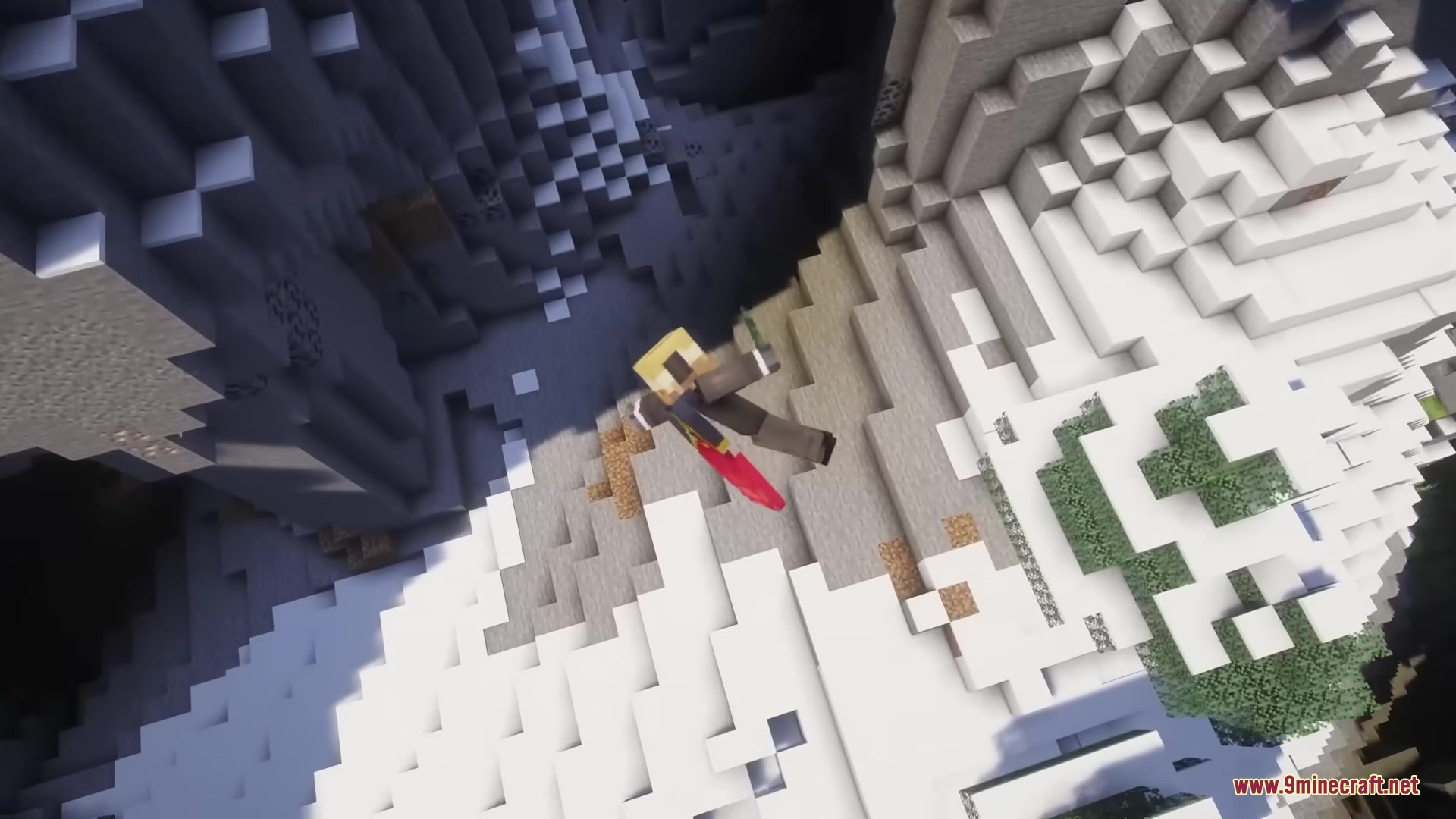 Minecraft character flops and rolls down a steep snowy mountain slope