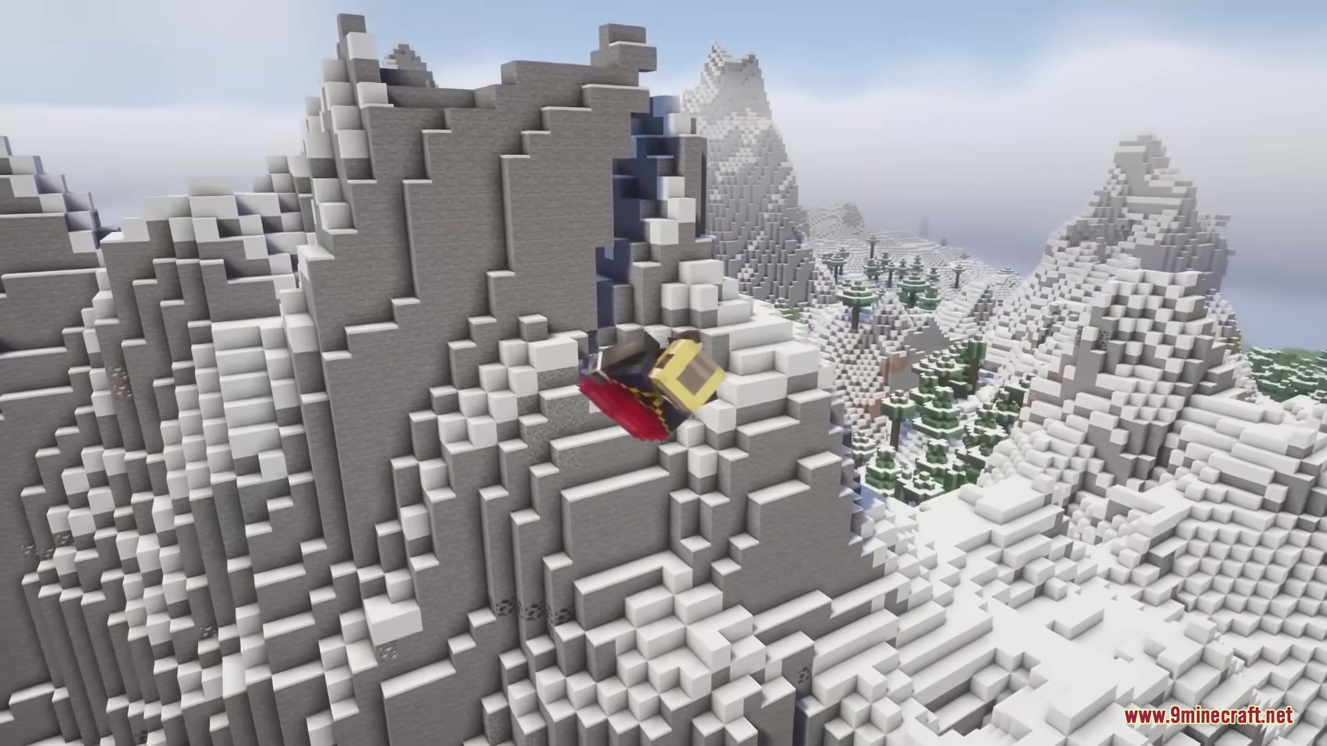 Player character falling down a snowy mountain with the Ragdoll Reactions Mod