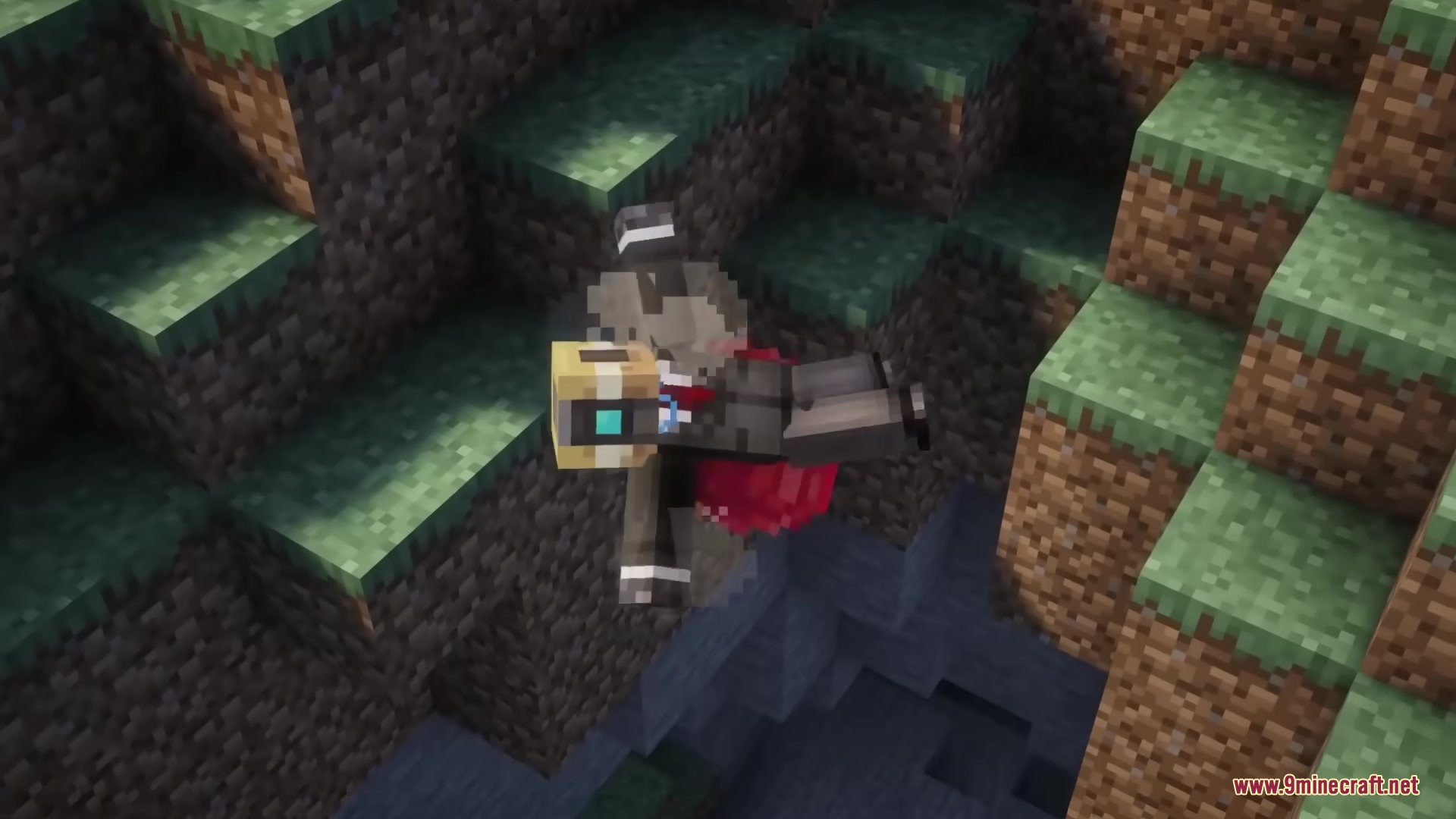 A player character tumbles through the air with ragdoll physics near grass blocks