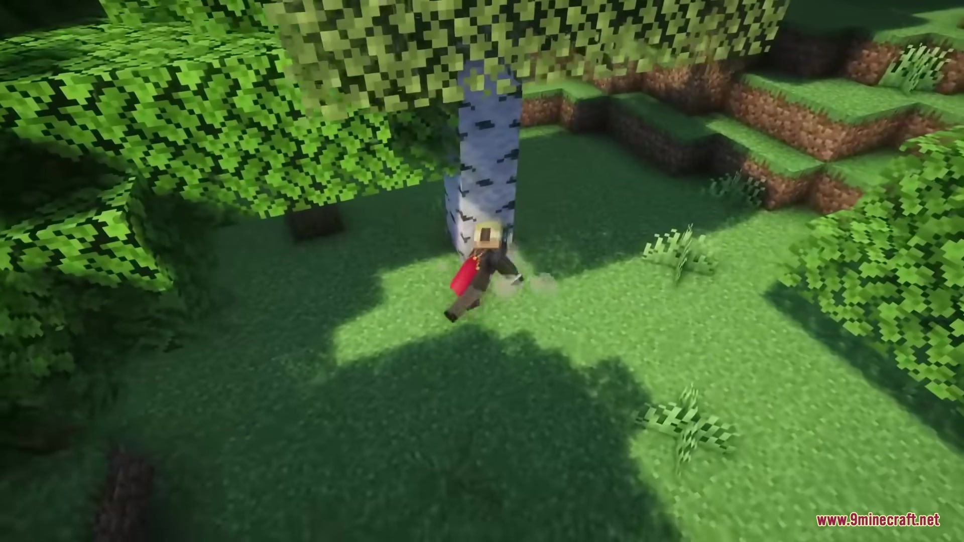 A Minecraft player character with a red cape tumbling near a birch tree