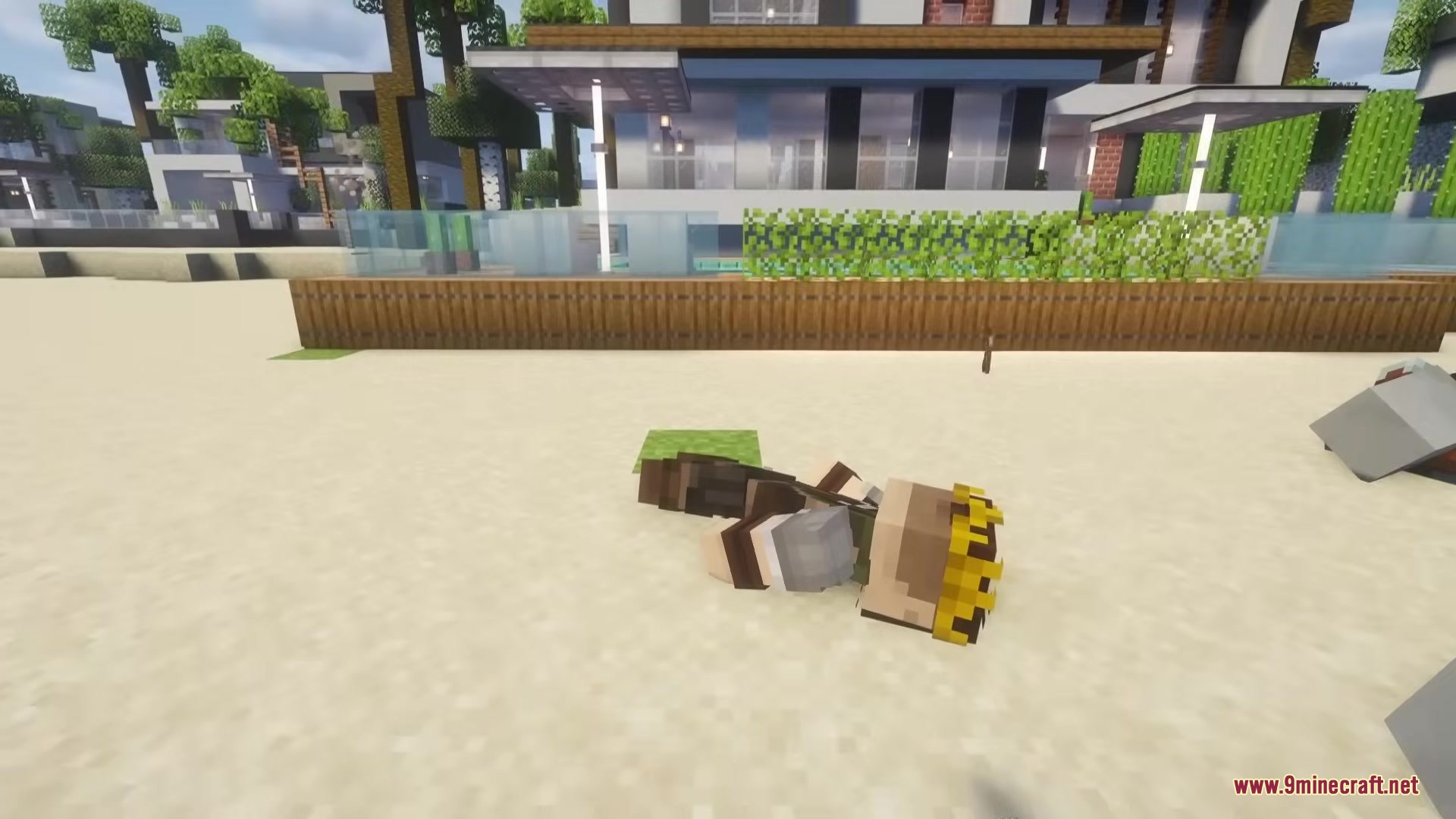 Ragdollified Mod features a player with a crown lying on the sand