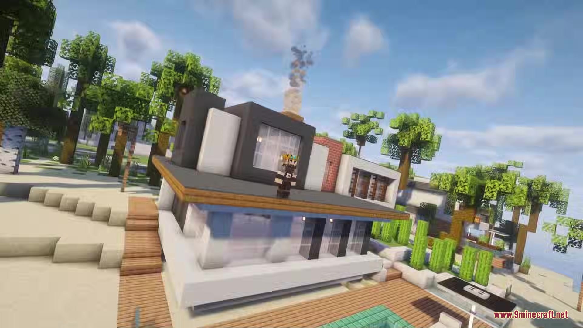 A player character standing on the roof of a modern house near palm trees