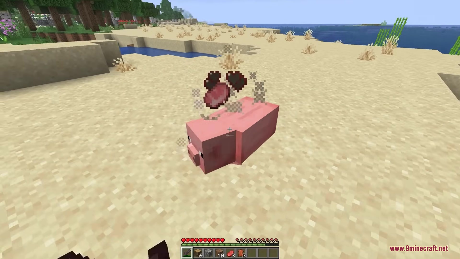 Ragdolls Mod Screenshot 1 A pig falling with realistic ragdoll physics after being defeated on sand