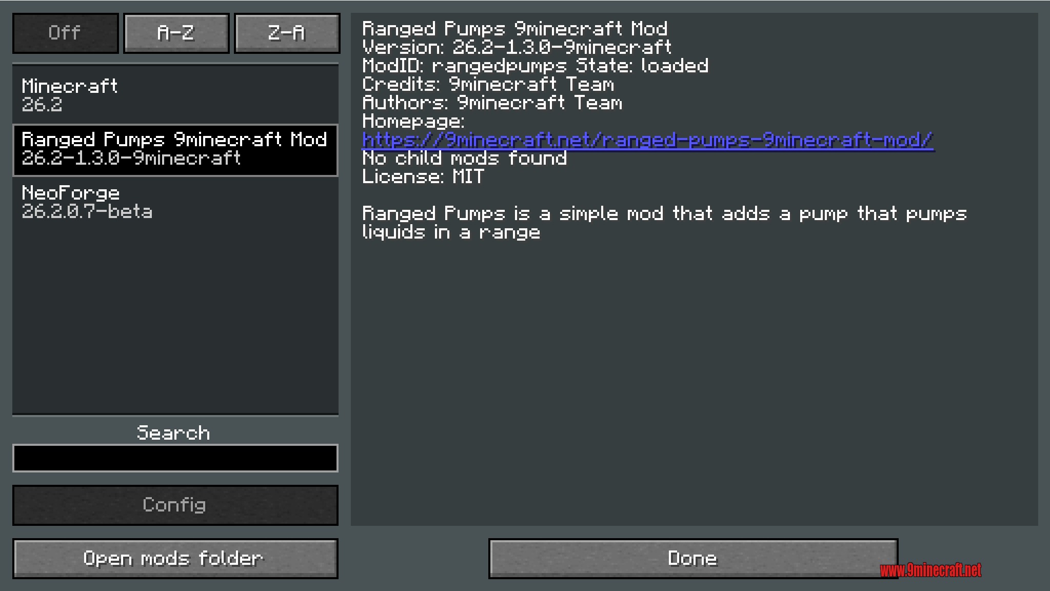 Ranged Pumps showing in the NeoForge mods list with 9minecraft Team credits