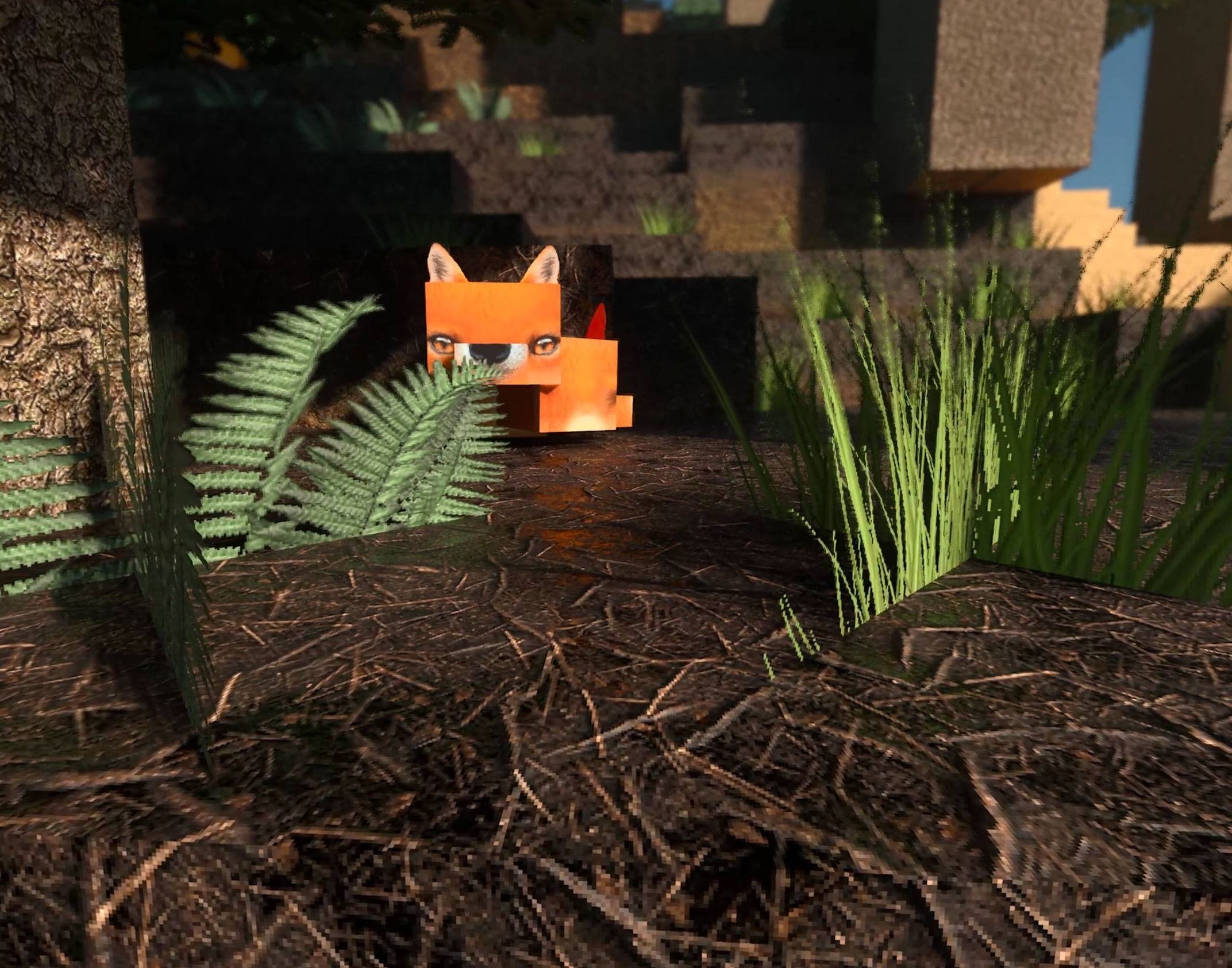 RealSource Realistic Texture Pack Screenshot 2 Detailed forest floor textures and a realistic fox mob in the woods