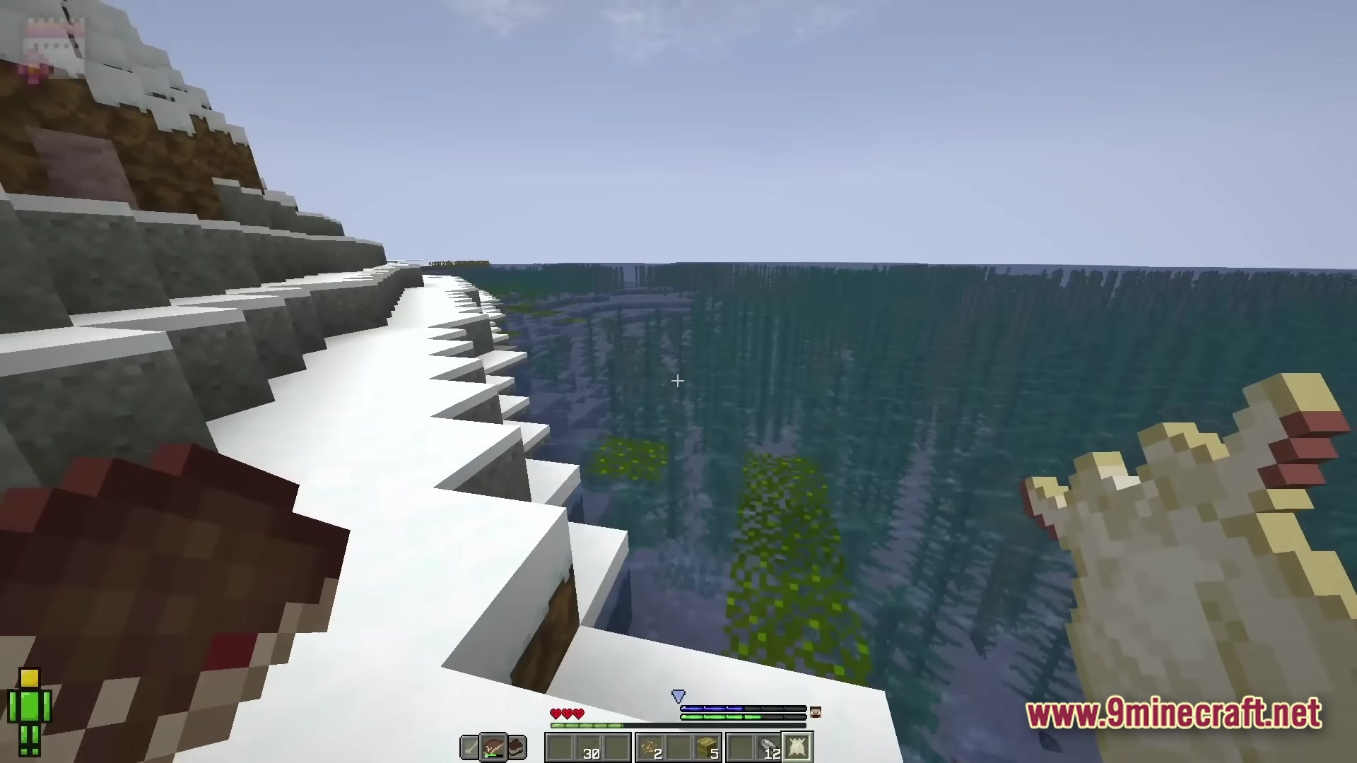 Realistic Craft Modpack Screenshot 2 A player stands on a snowy mountain overlooking a vast ocean filled with underwater kelp forests