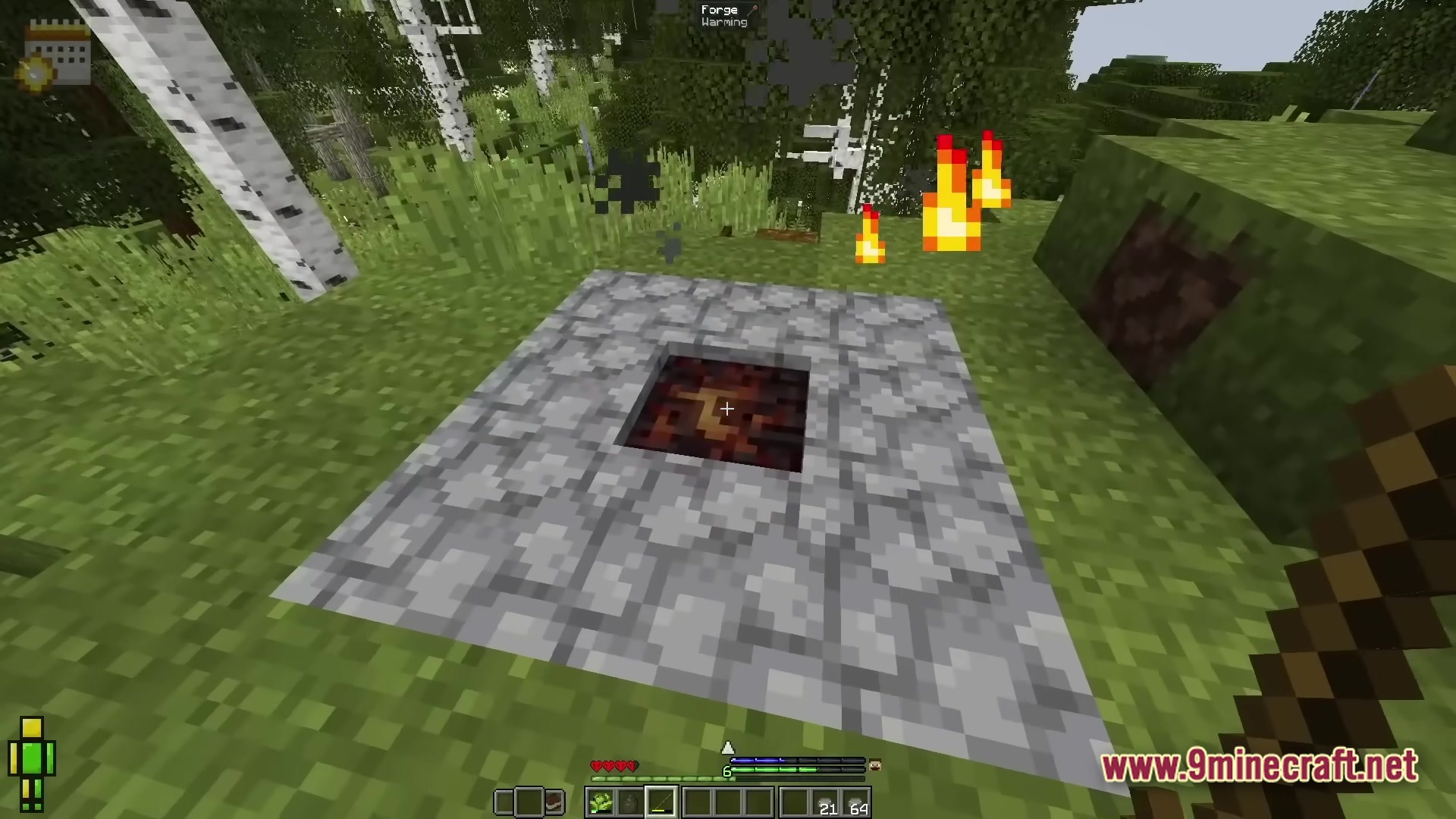 Realistic Craft Modpack Screenshot 6 A cobblestone forge structure warming up in a birch forest biome with fire and smoke particles