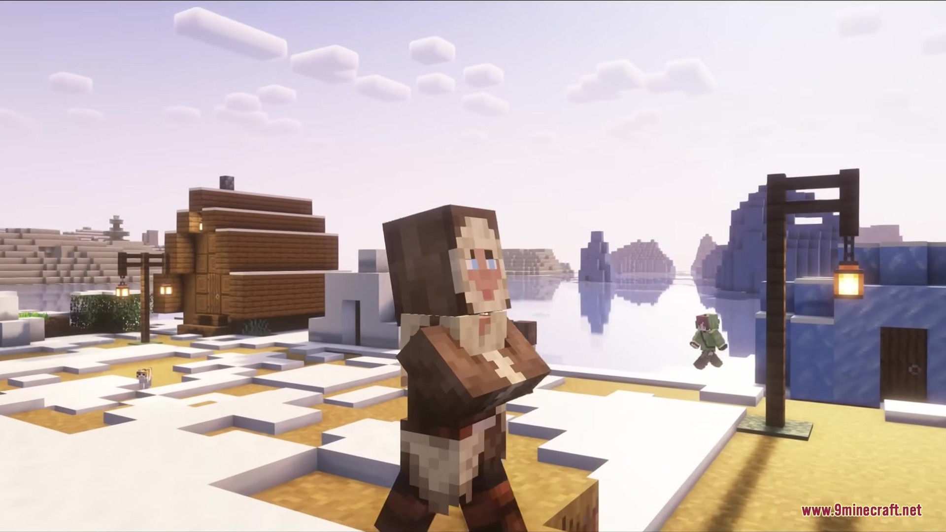 Realistic Villagers by Vaerph Resource Pack Screenshot 2 A villager in warm winter clothing walking through a snowy village biome