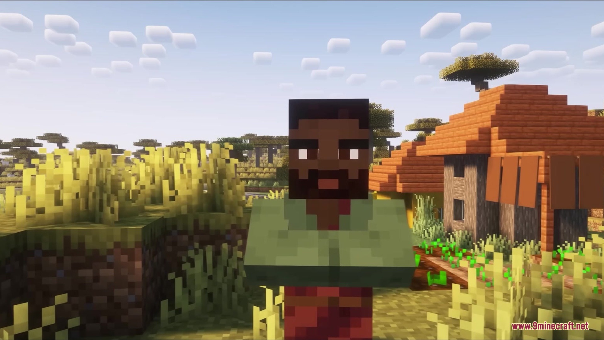 Realistic Villagers by Vaerph Resource Pack Screenshot 3 A realistic villager with a dark beard standing in a savanna village