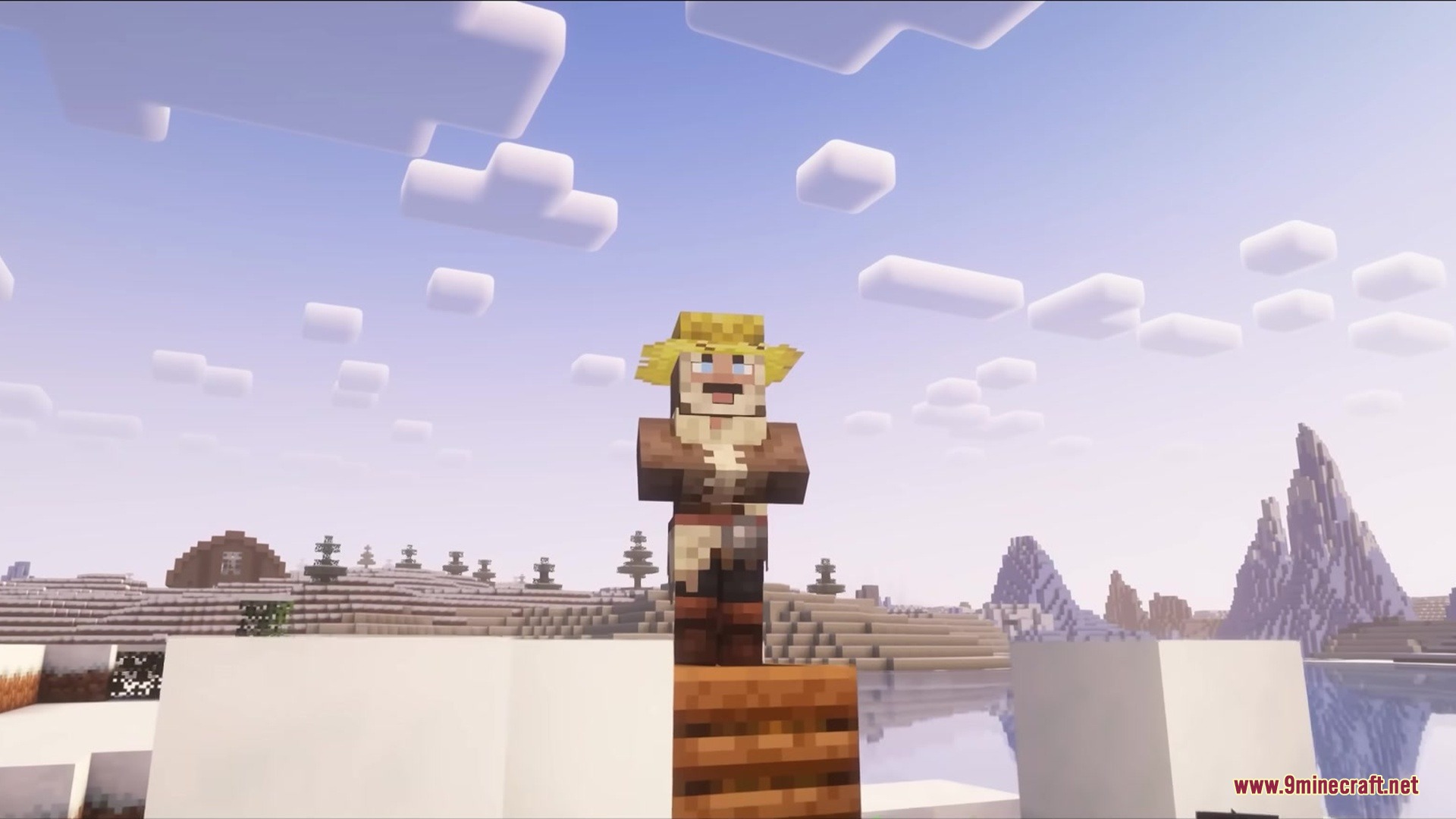 Realistic Villagers by Vaerph Resource Pack Screenshot 4 A realistic villager wearing a straw hat in a snowy mountain biome