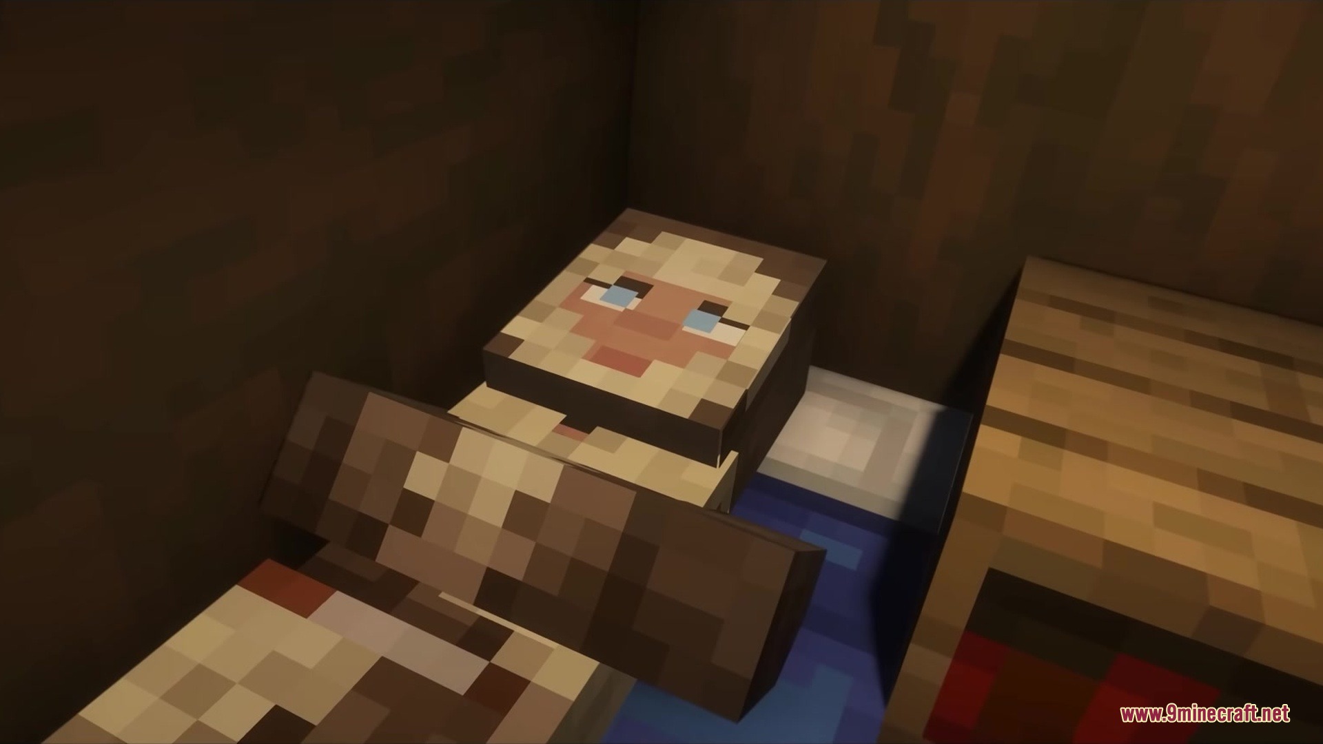 Realistic Villagers by Vaerph Resource Pack Screenshot 5 A realistic villager with human features sleeping in a blue bed