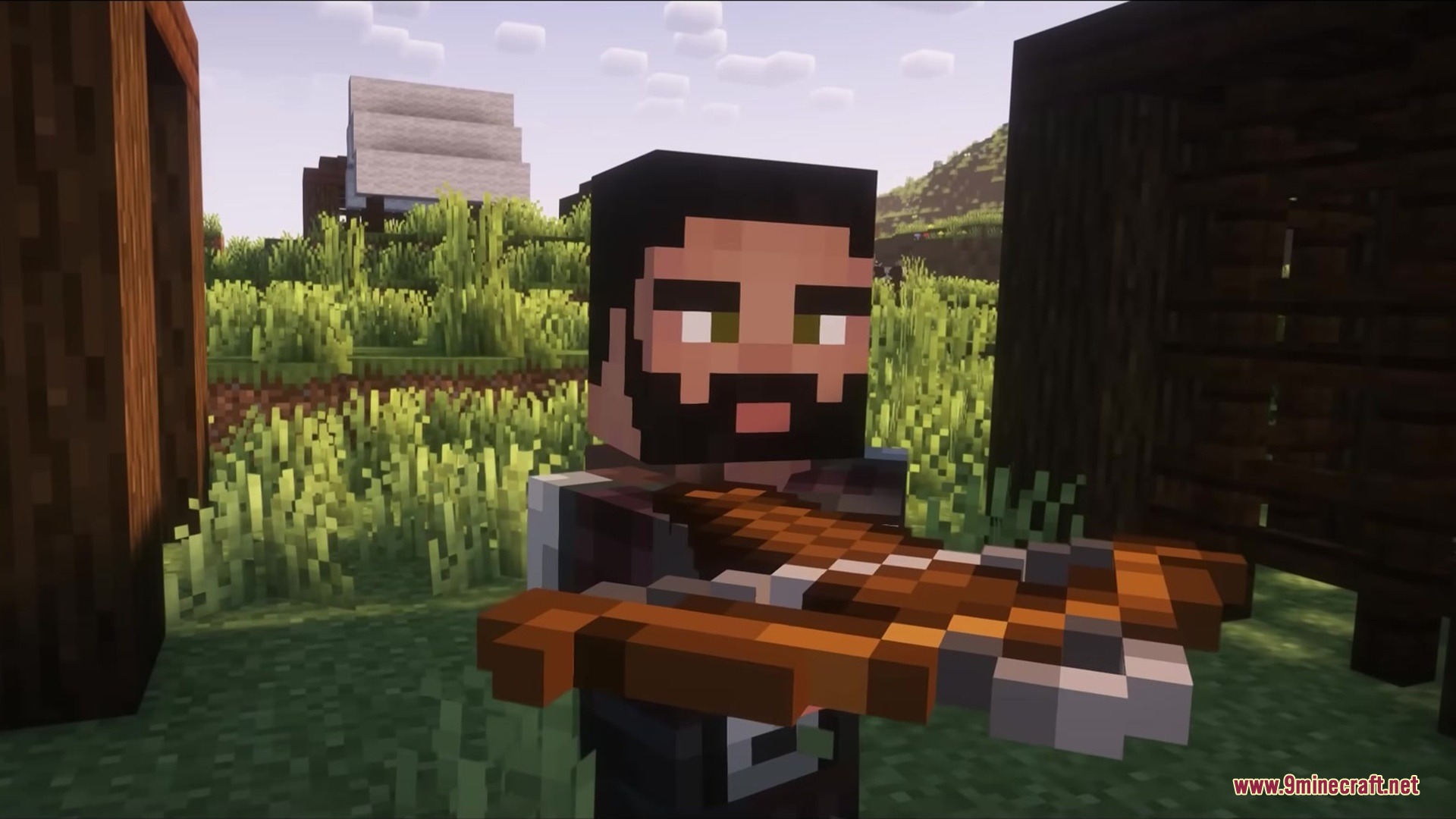 Realistic Villagers by Vaerph Resource Pack Screenshot 6 A human-like illager character with facial hair holding a wooden crossbow