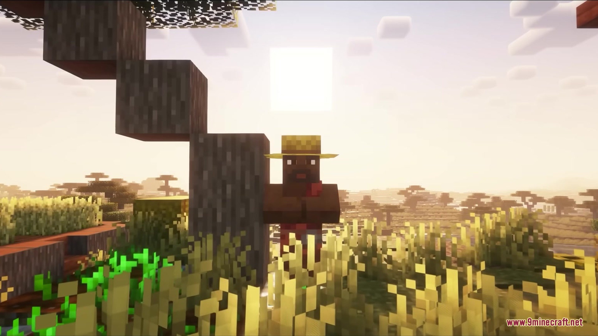Realistic Villagers by Vaerph Resource Pack Screenshot 7 A realistic farmer villager stands next to an acacia tree in the savanna