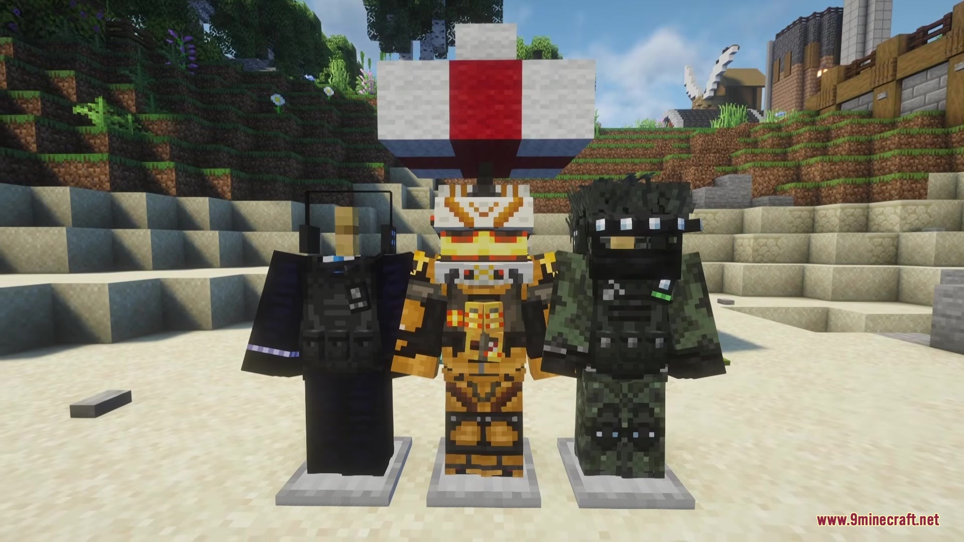 Recon Omega Military Armor Mod Screenshot 2 Three different military armor sets displayed on armor stands on the beach