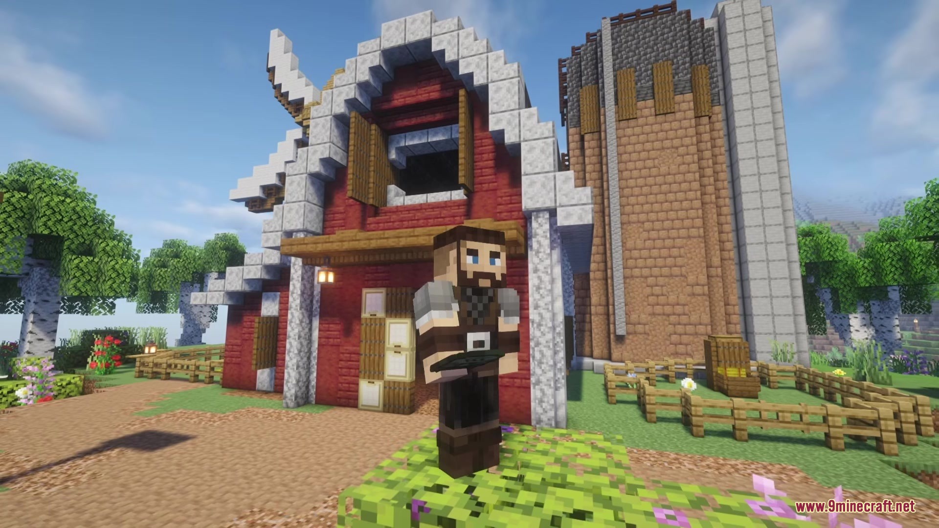 Recon Omega Military Armor Mod Screenshot 3 A Minecraft player standing in front of a red barn and a silo