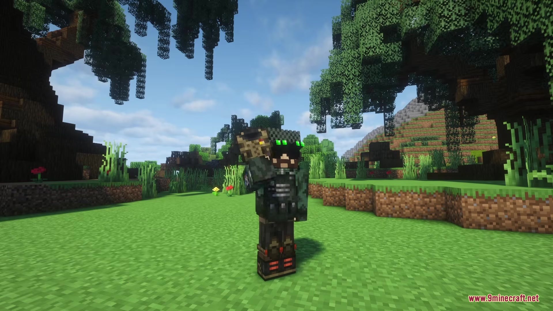 Recon Omega Military Armor Mod Screenshot 5 A Minecraft player wearing tactical military armor with glowing green night vision goggles