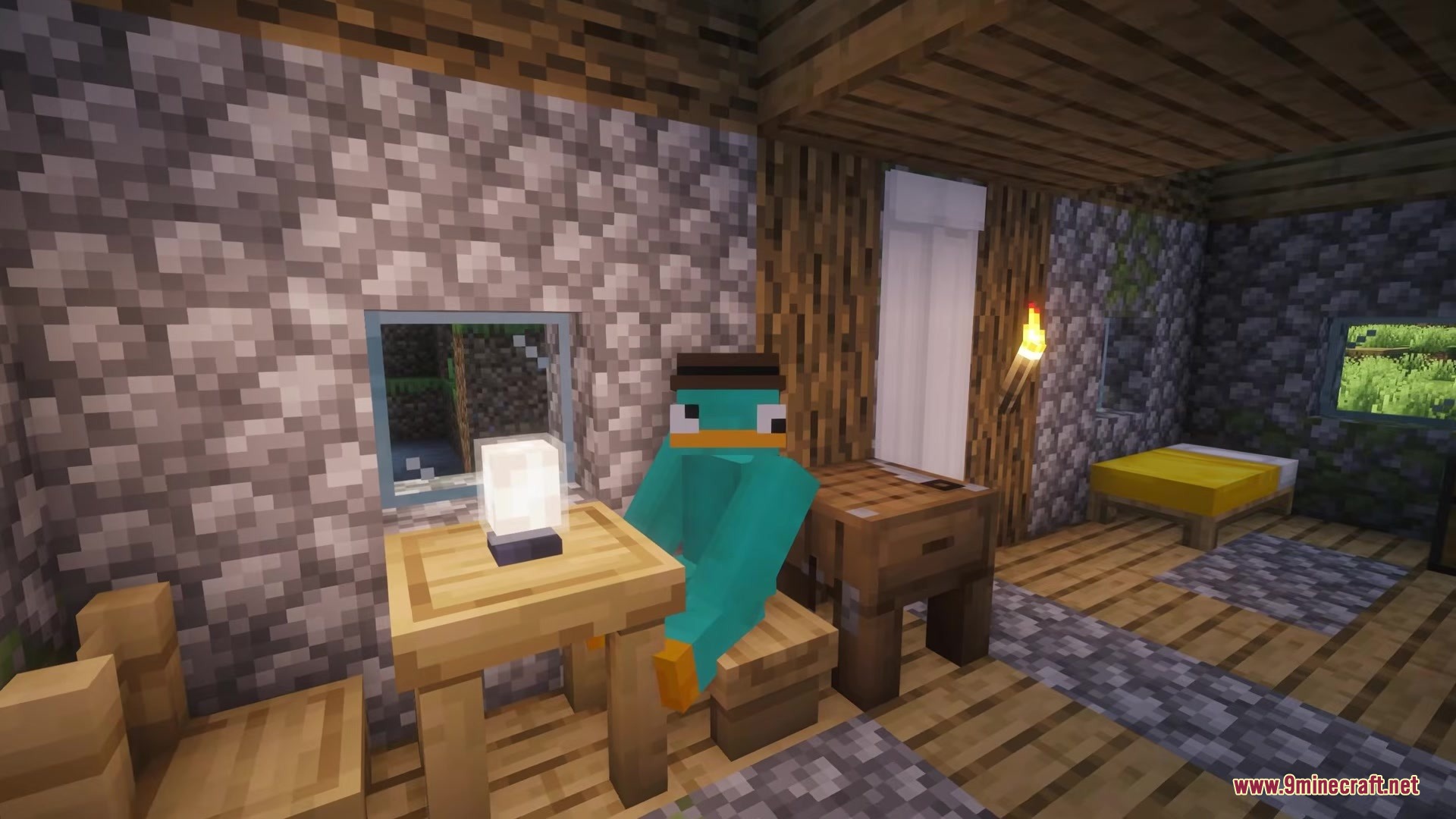 A player character sits at a wooden table decorated with a lamp