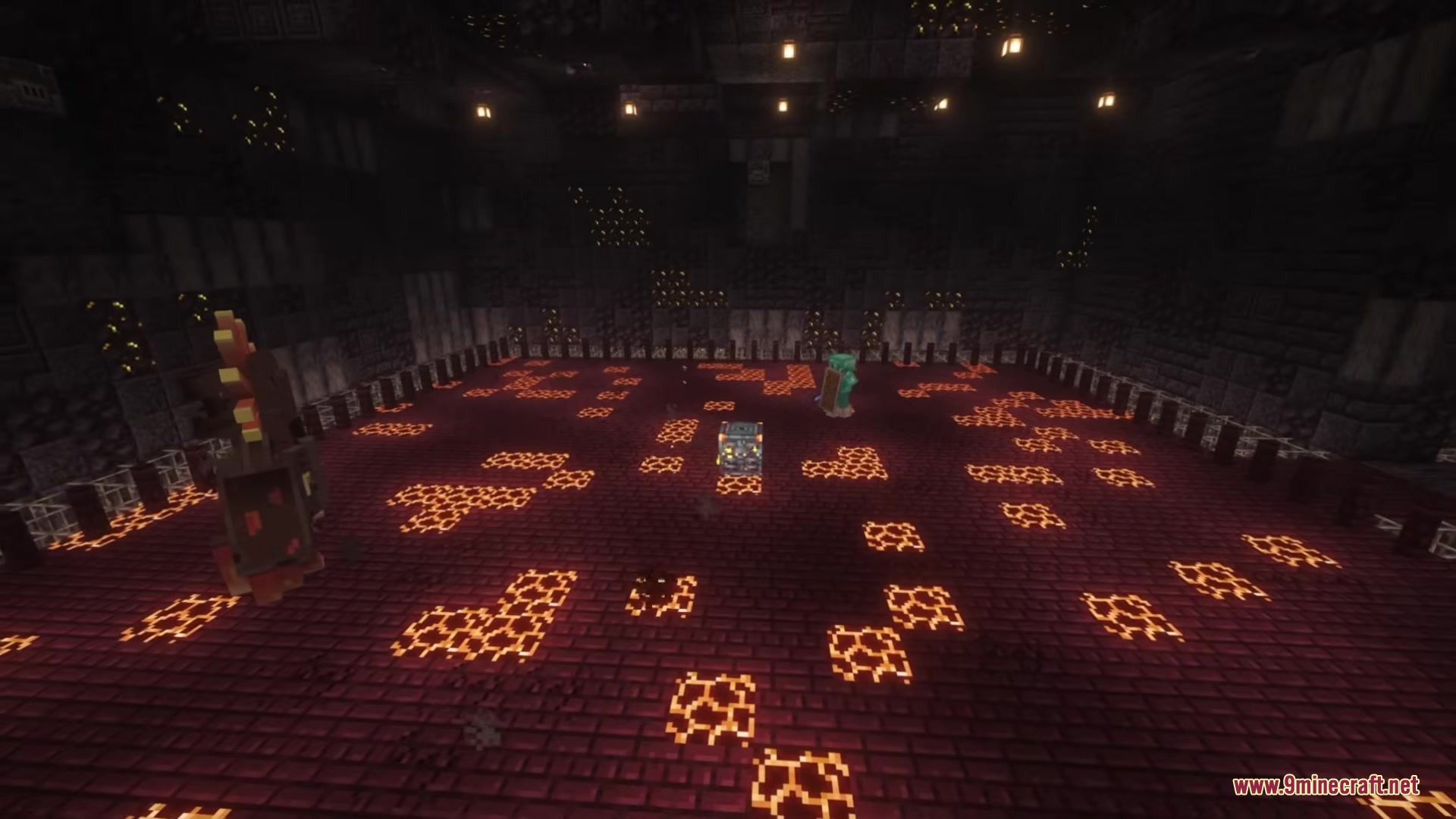 Redomesticate Mod Screenshot 1 Player in diamond armor faces a giant red boss in a dark dungeon arena