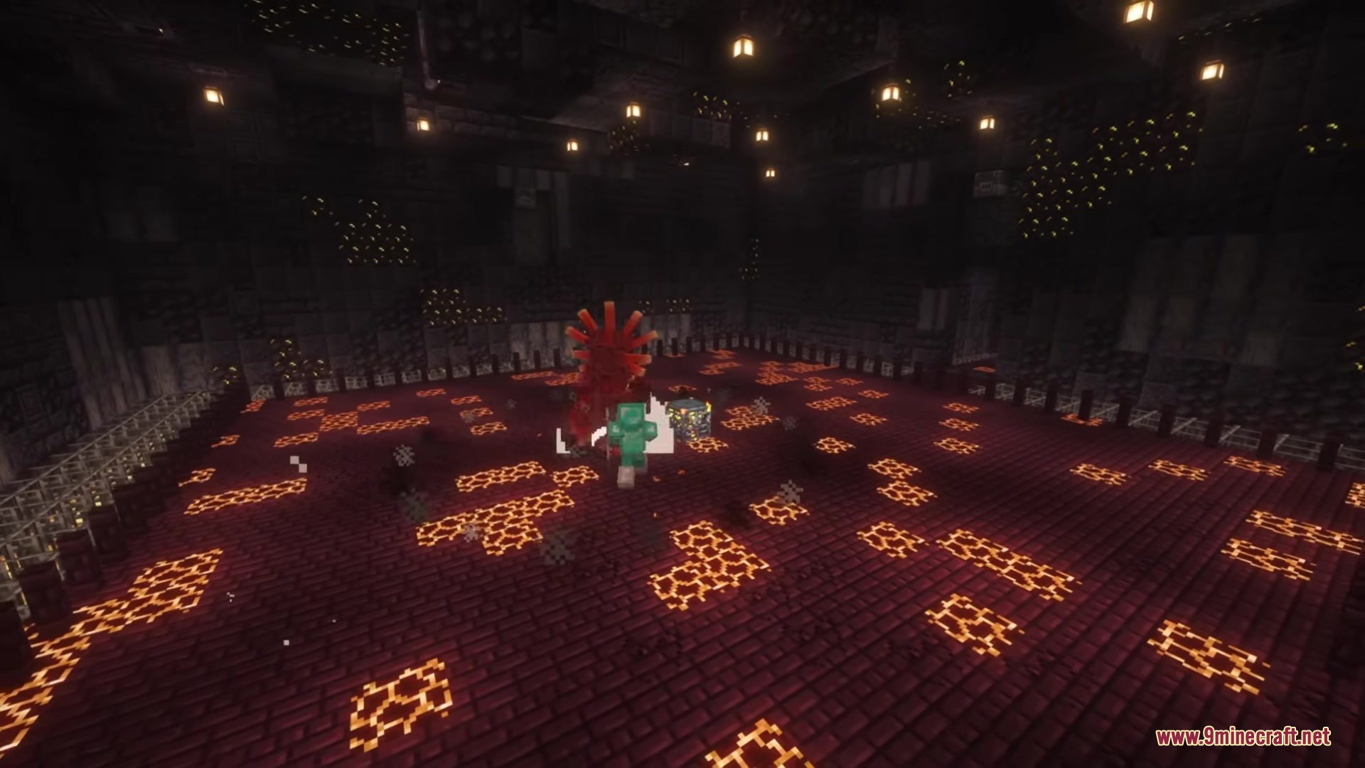 Redomesticate Mod Screenshot 2 The player battles a massive red spiky creature on a glowing patterned floor