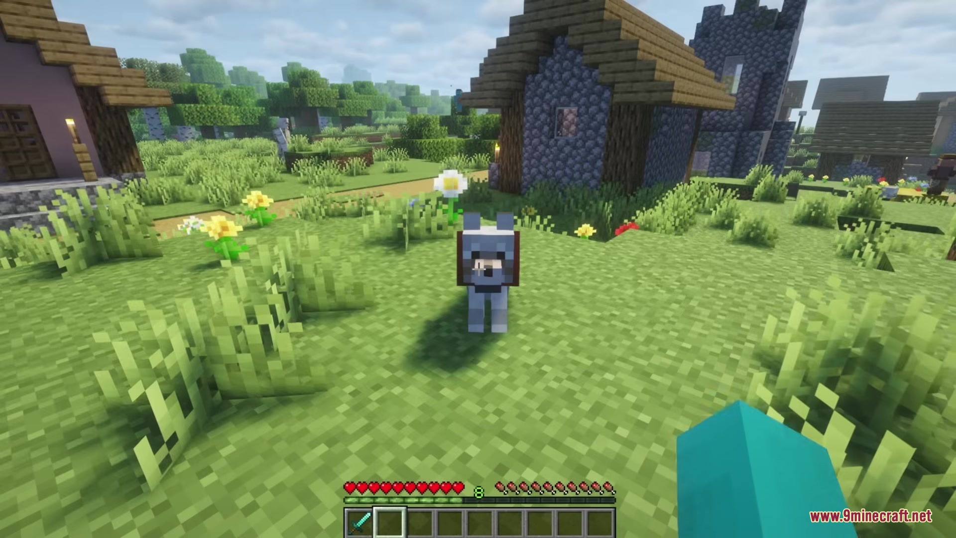 Redomesticate Mod Screenshot 5 A tamed wolf stands in a sunny village near wooden houses and flowers