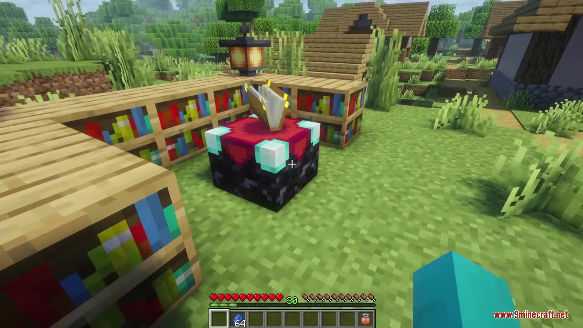 Redomesticate Mod Screenshot 7 An enchantment table surrounded by bookshelves and a lantern in a field