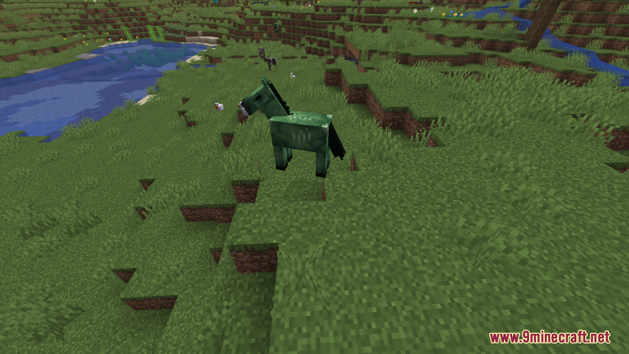 Reduce the Vignette Effect Resource Pack Screenshot 11 A green zombie horse stands on a grassy hill near a river