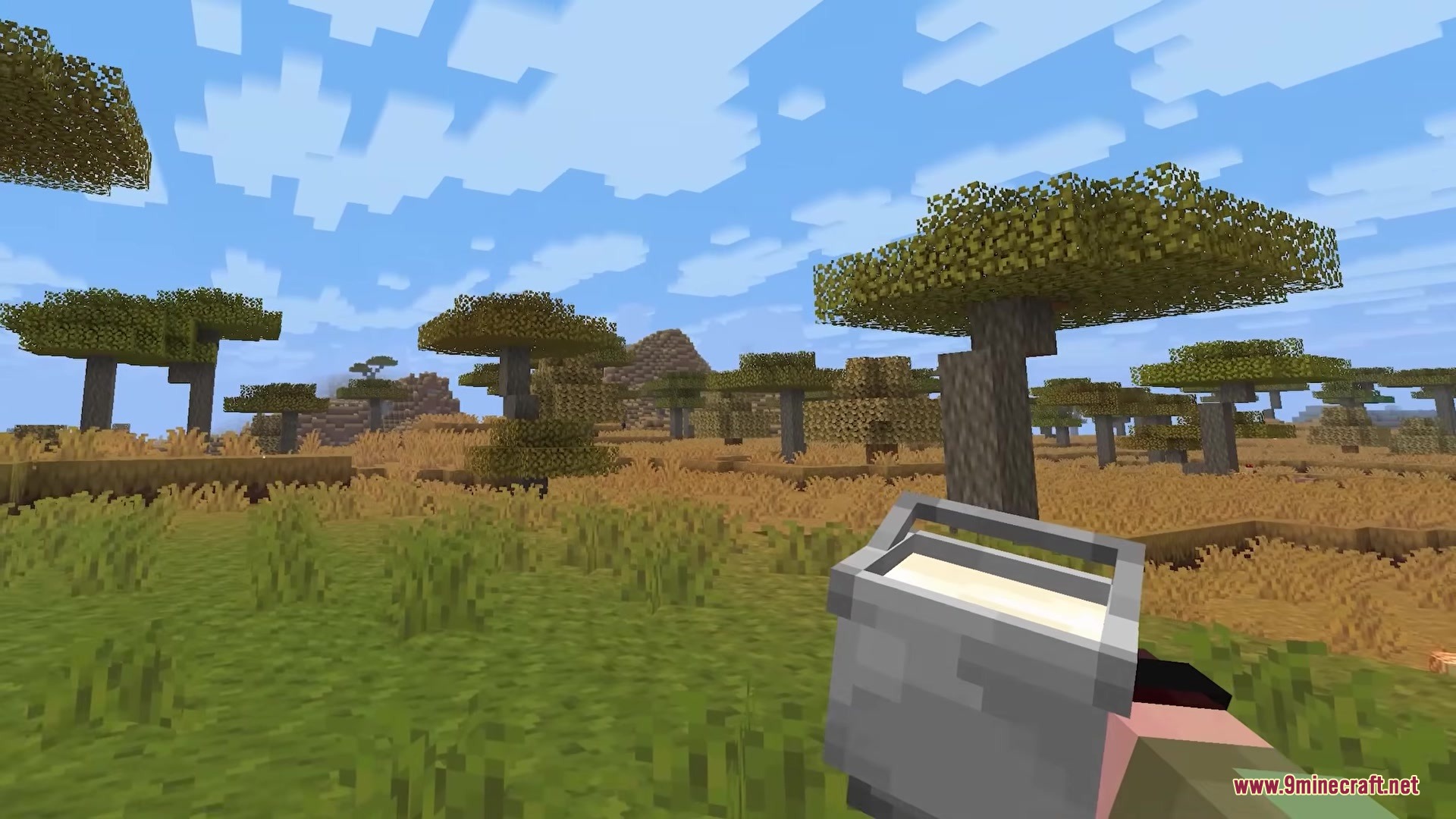 A chunky 3D bucket of milk held by a player in Minecraft