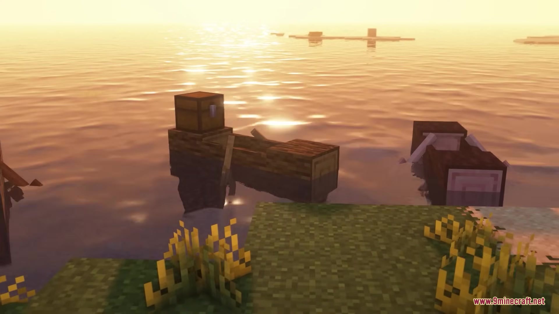 Refurbished Log Boat Resource Pack Screenshot 1 A wooden log boat with a chest floating on the water at sunset