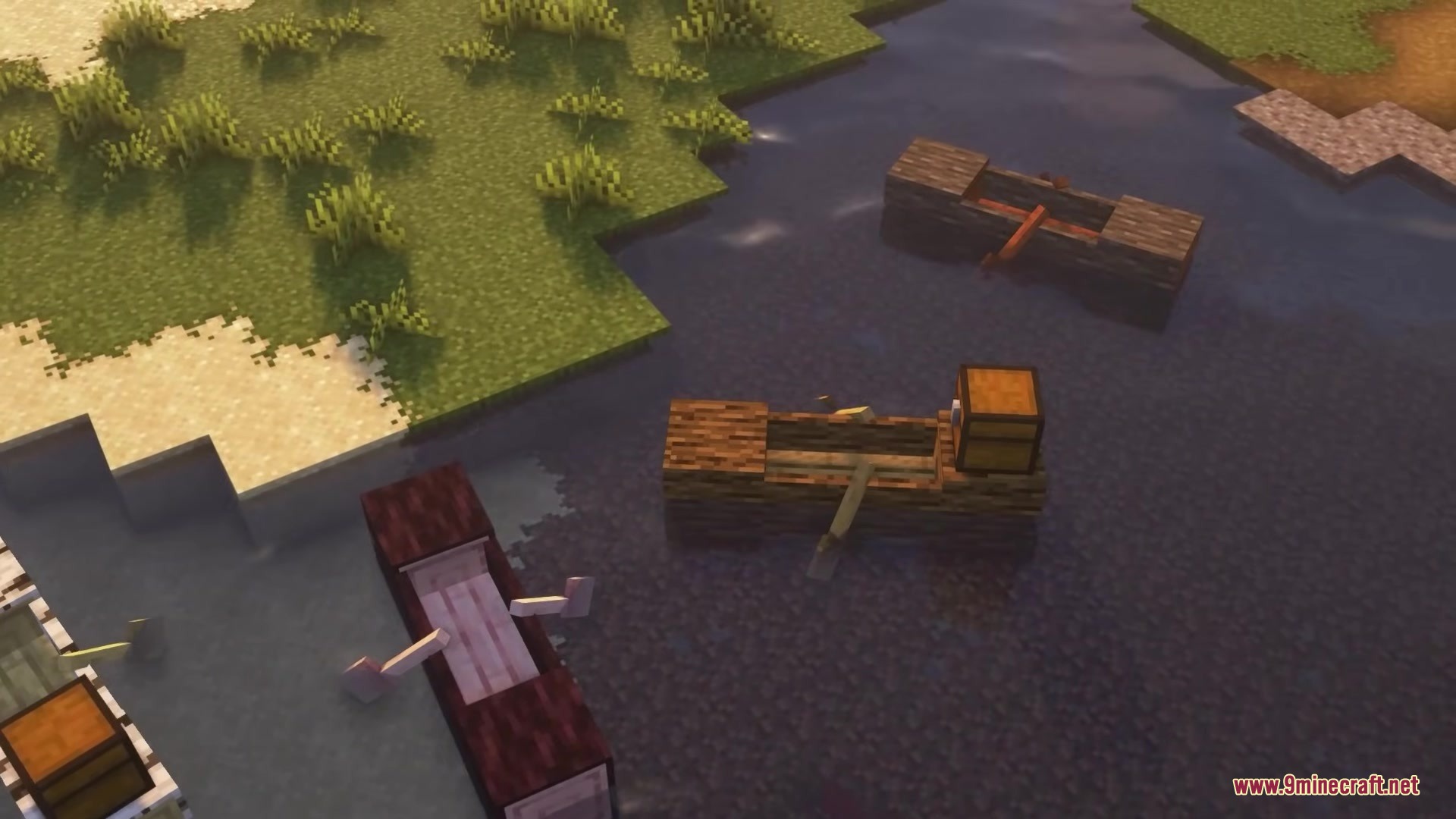 Refurbished Log Boat Resource Pack Screenshot 10 Log boats with chests floating on the water in a Minecraft world